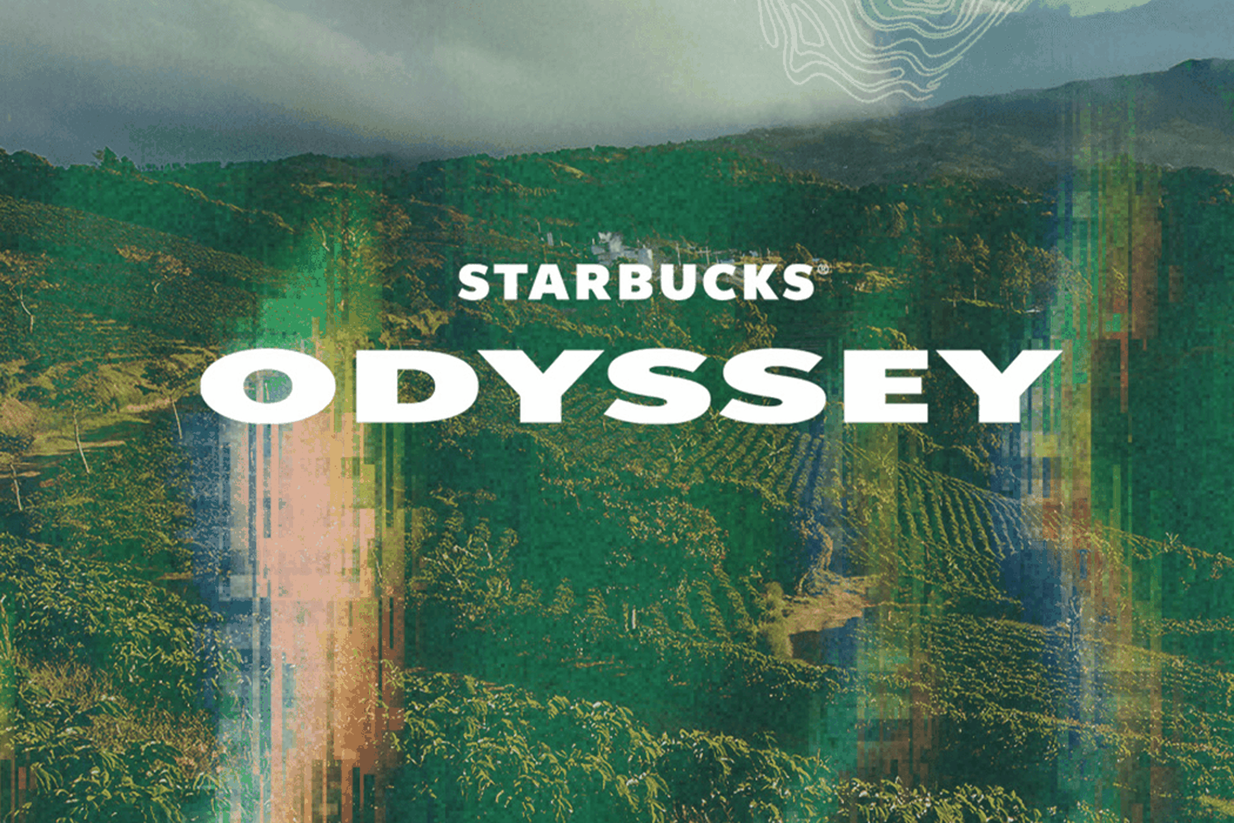 Starbucks Odyssey logo over a glitchy, multi-colored background