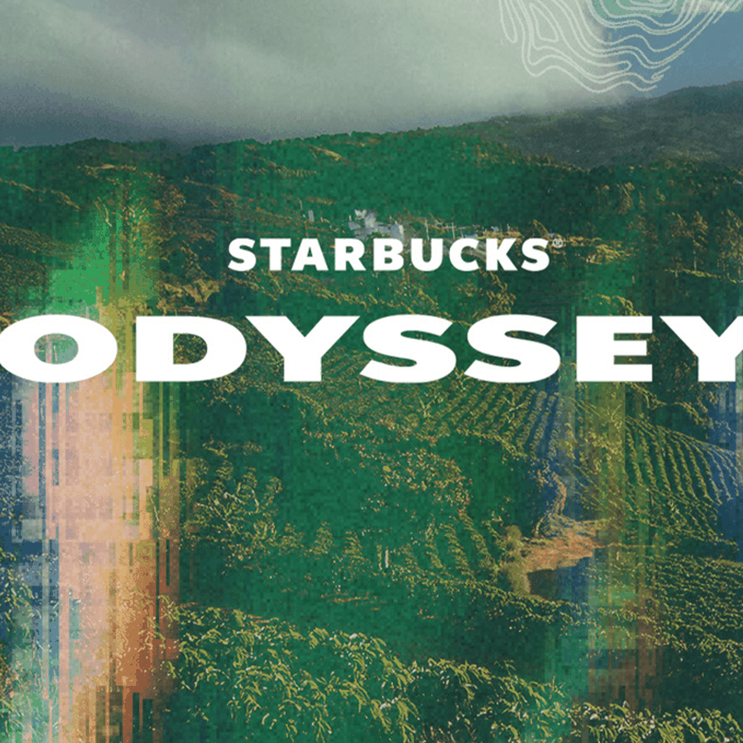 Starbucks Odyssey logo over a glitchy, multi-colored background