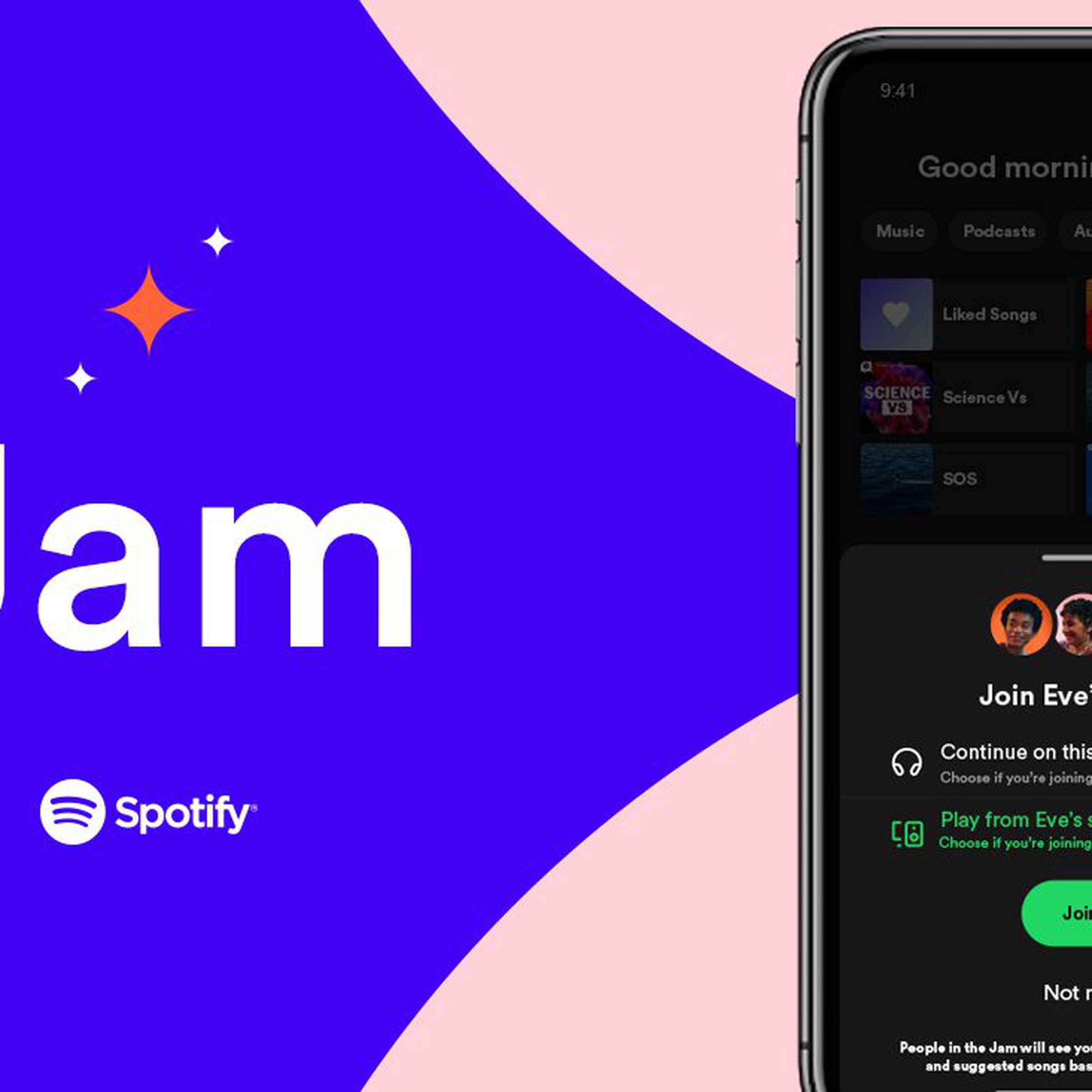 A phone displaying the Spotify streaming app’s new Jam feature.