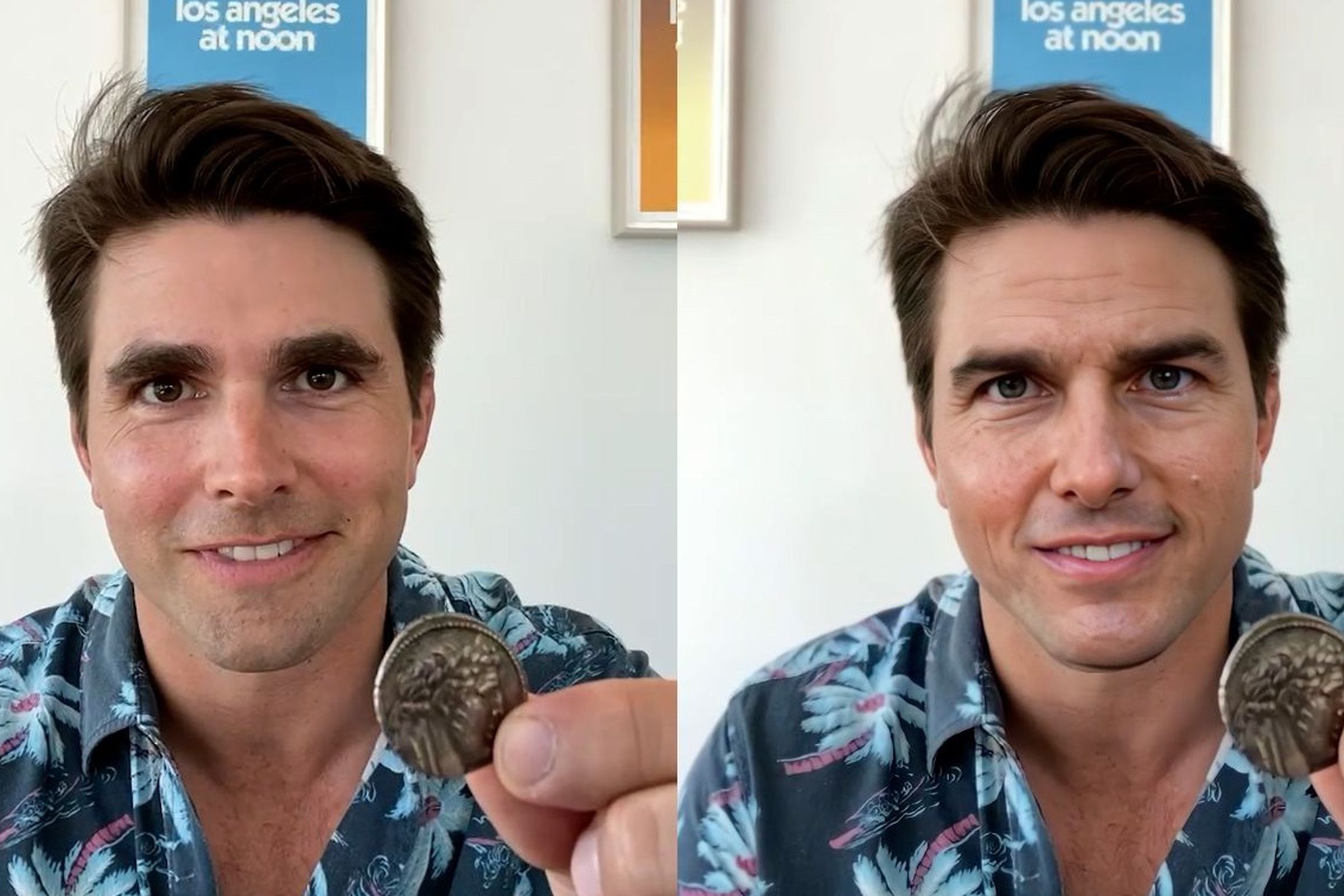 Want to see a magic trick? Tom Cruise impersonator Miles Fisher (left) and the deepfake Tom Cruise created by Chris Ume (right). 