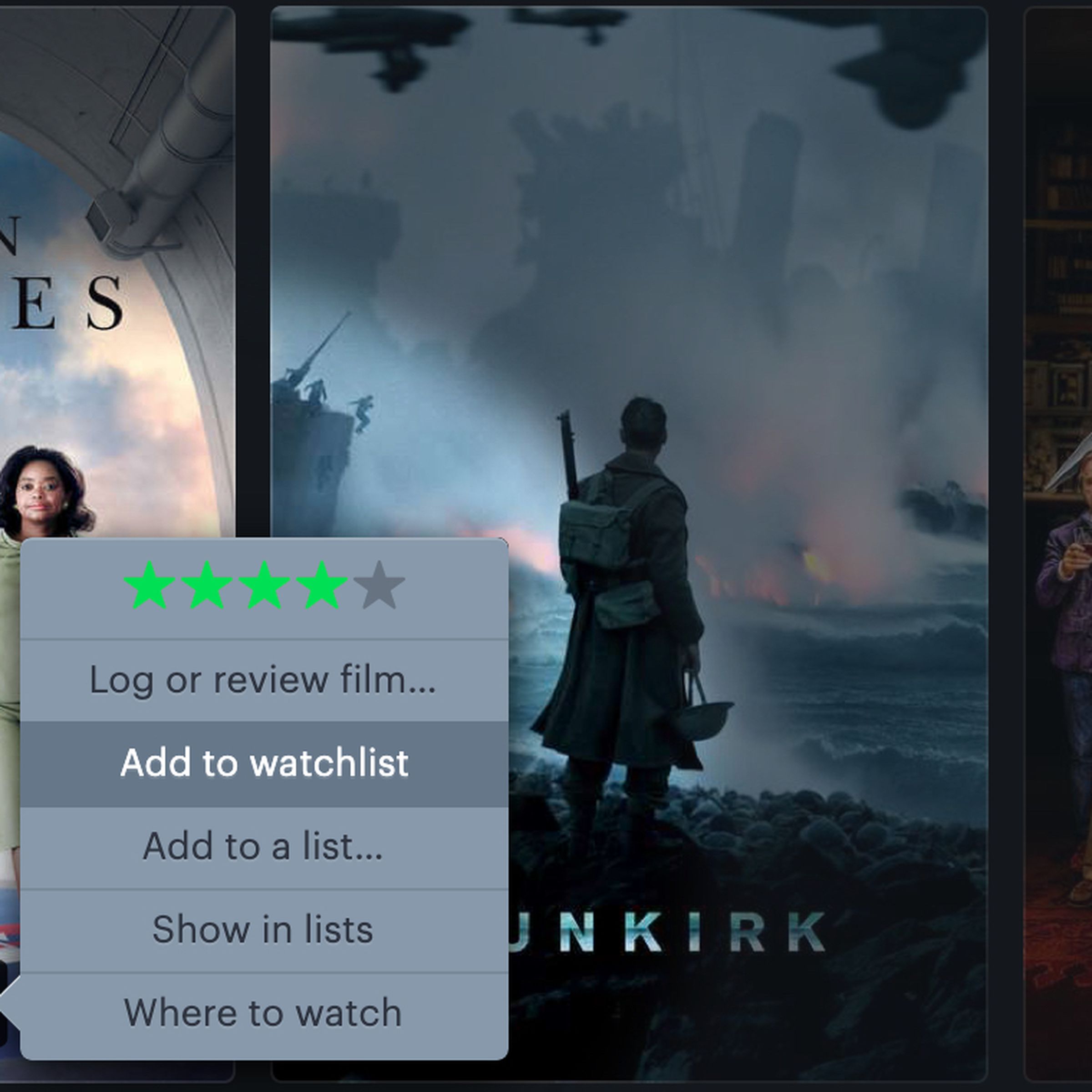 Letterboxd review feature, with options to rate a film, add it to a list, or save it for later.
