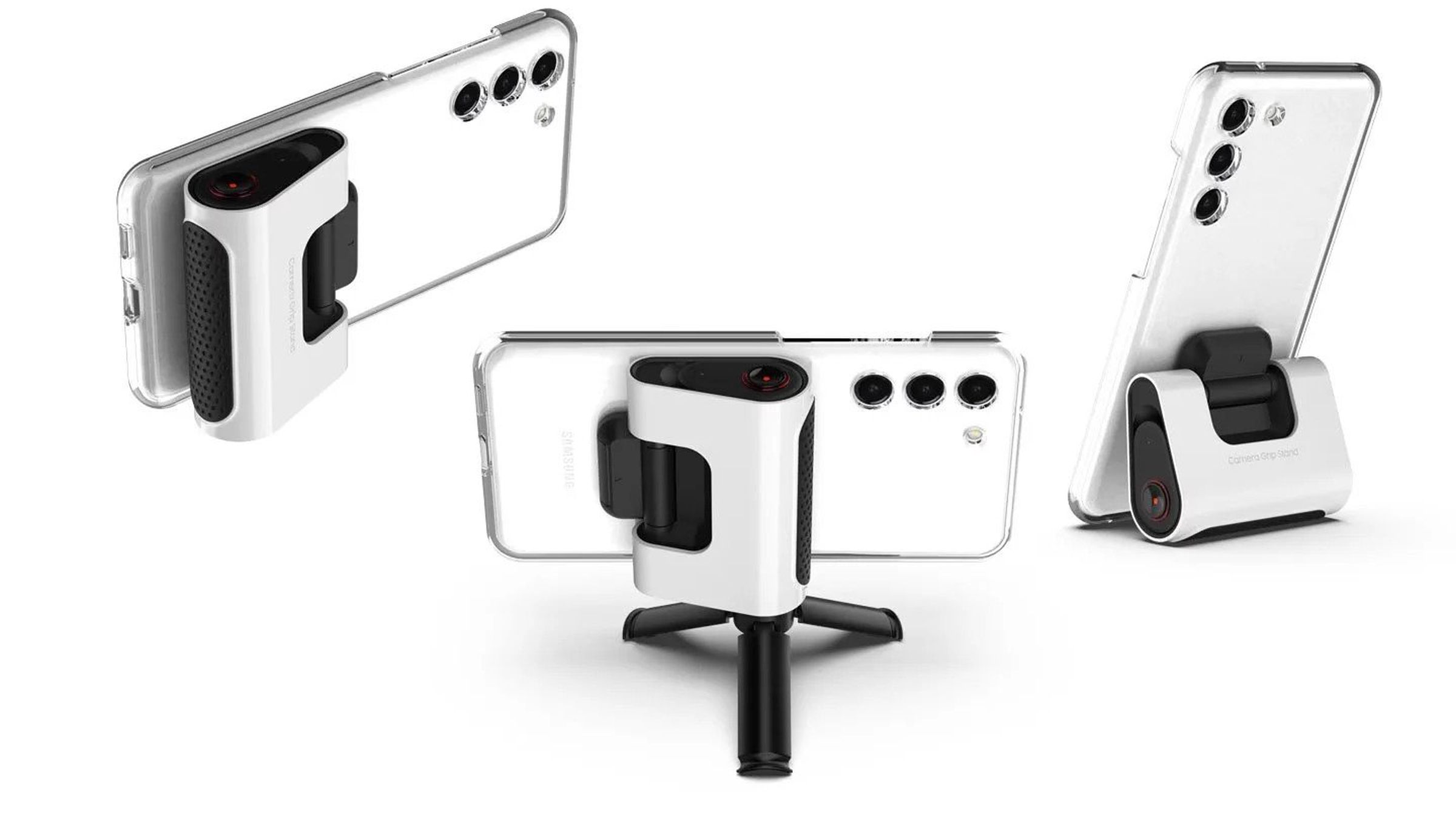 Product shots of the Samsung Camera Grip stand for the Galaxy S23 series.
