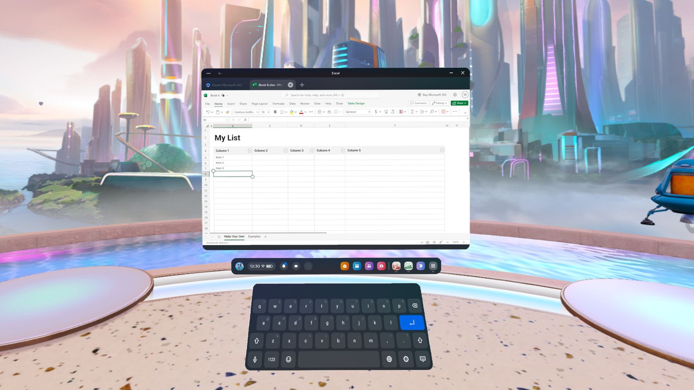 A screenshot of Microsoft Excel in VR on a Quest headset.