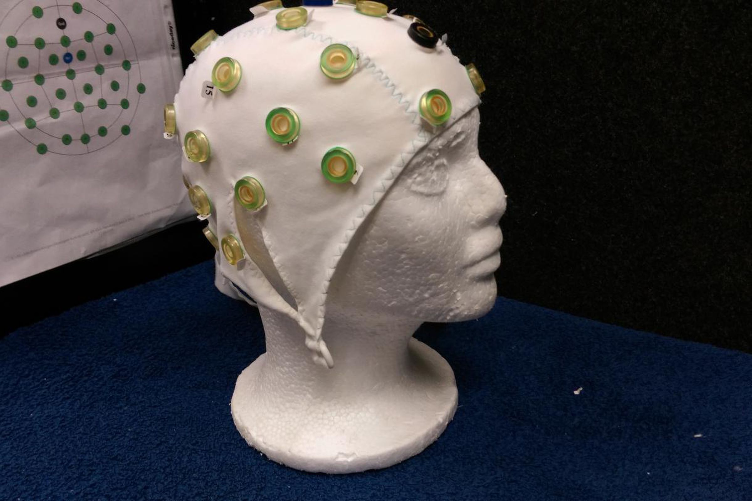 A cap used in the study to measure reaction to hearing language errors from native and non-native speakers