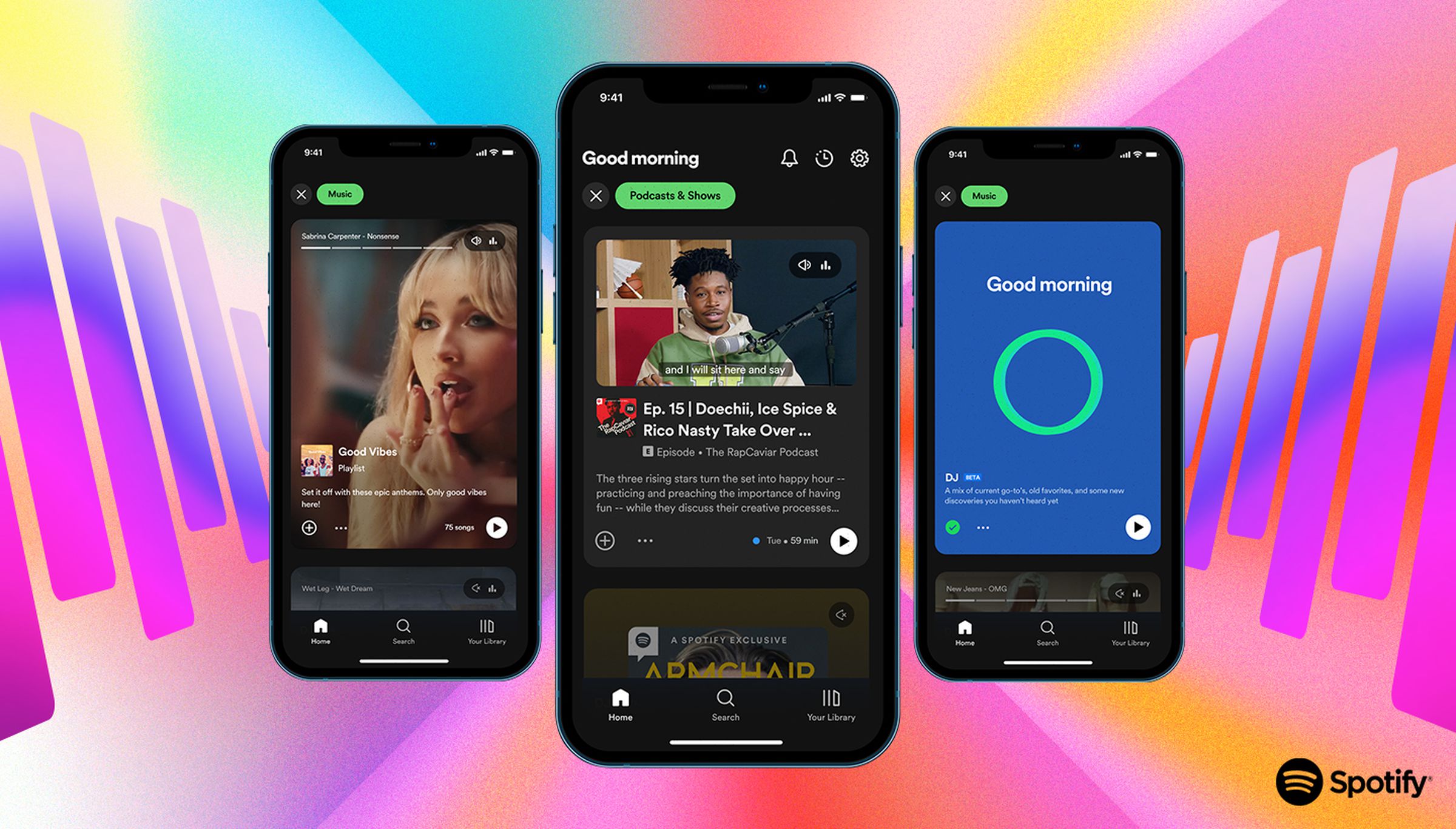 Three screenshots of the new Spotify home screen, with podcasting in the center.