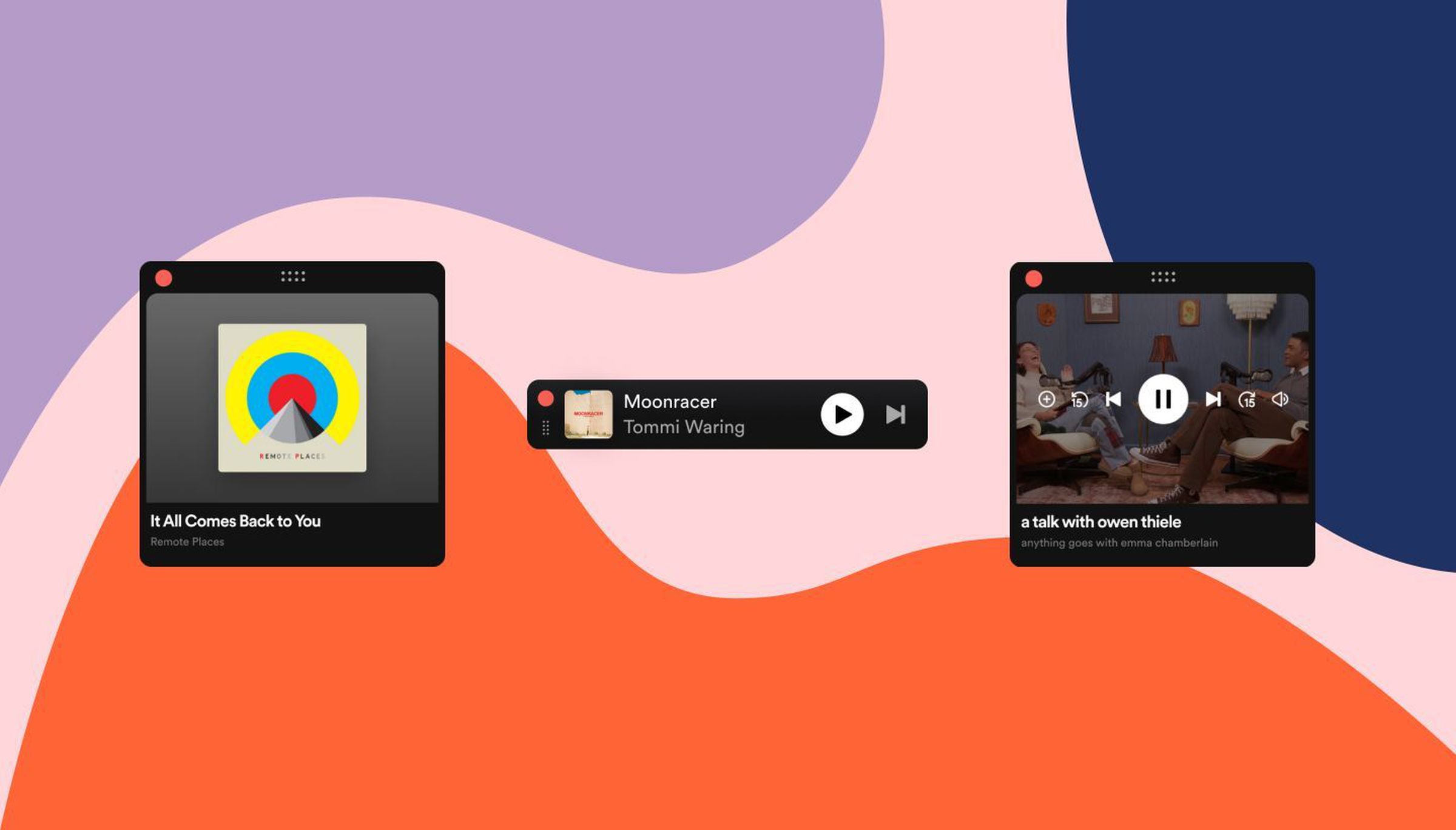 Three examples of the new Spotify desktop miniplayer.