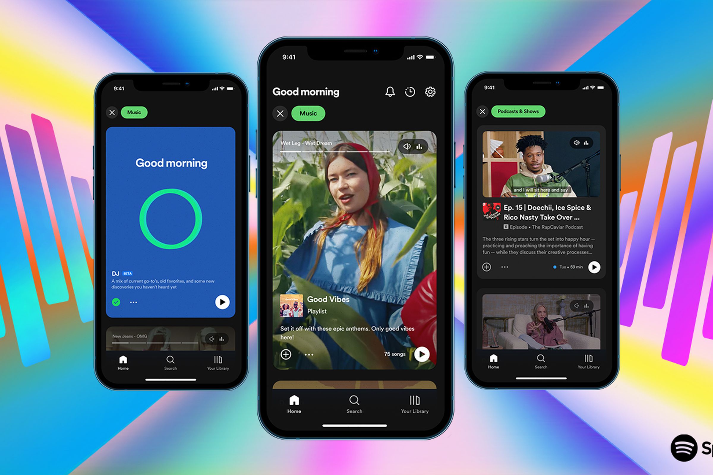 Three screenshots of the new Spotify home screen.