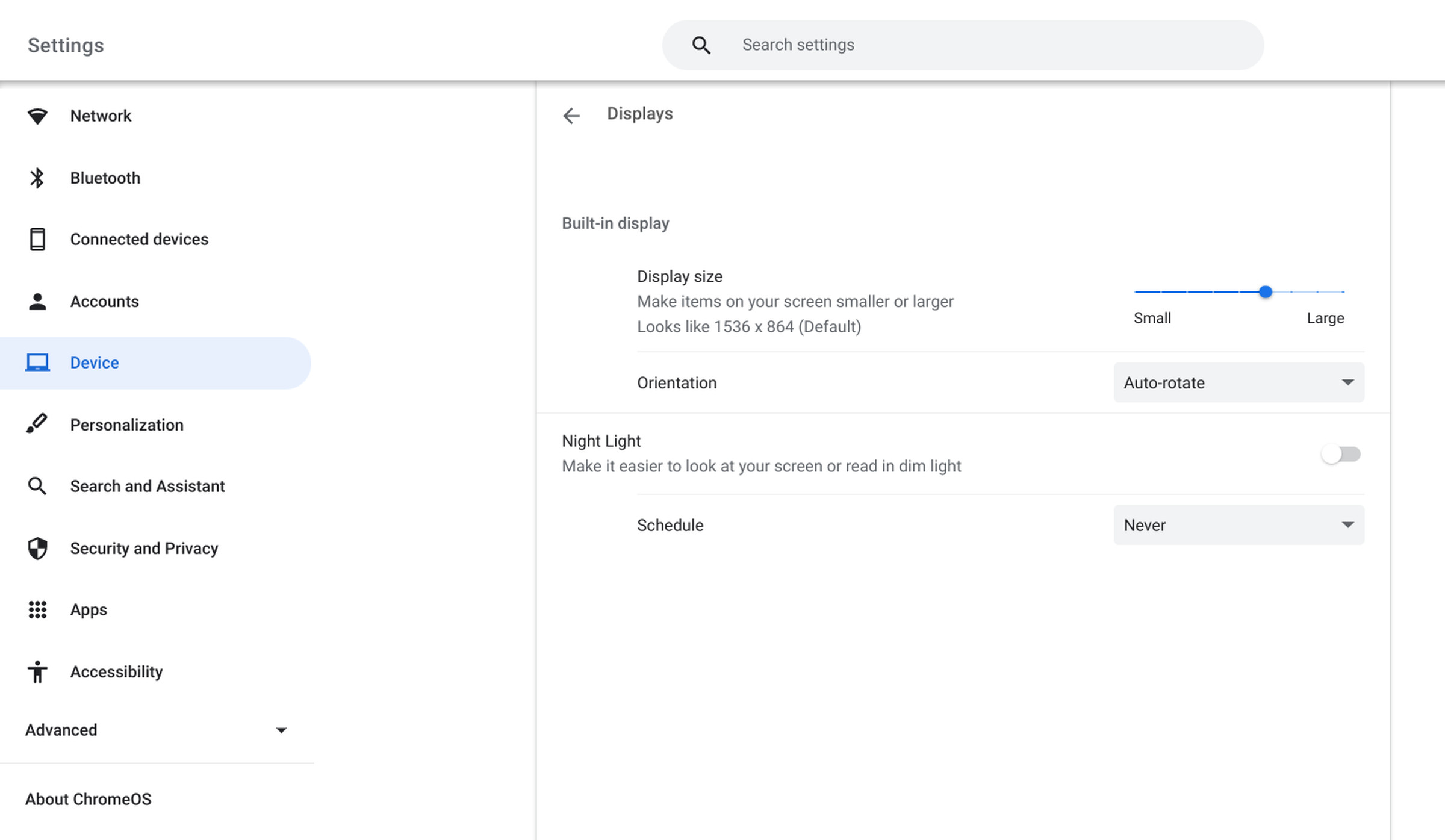 The Chromebook Settings page, with a menu of selections on the right, the Displays page in the center, including “Built-in display” settings and “Night Light” settings.