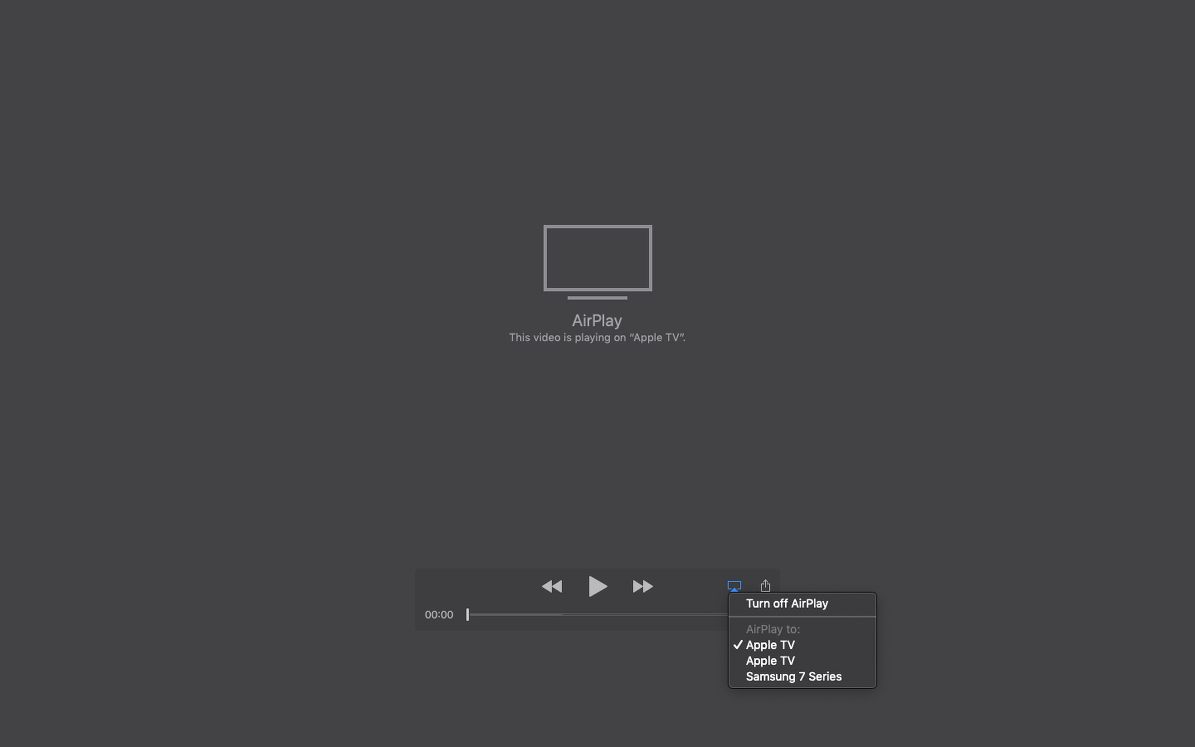 This is what you’ll see on your Mac screen after sending a video from QuickTime Player to a TV via AirPlay.