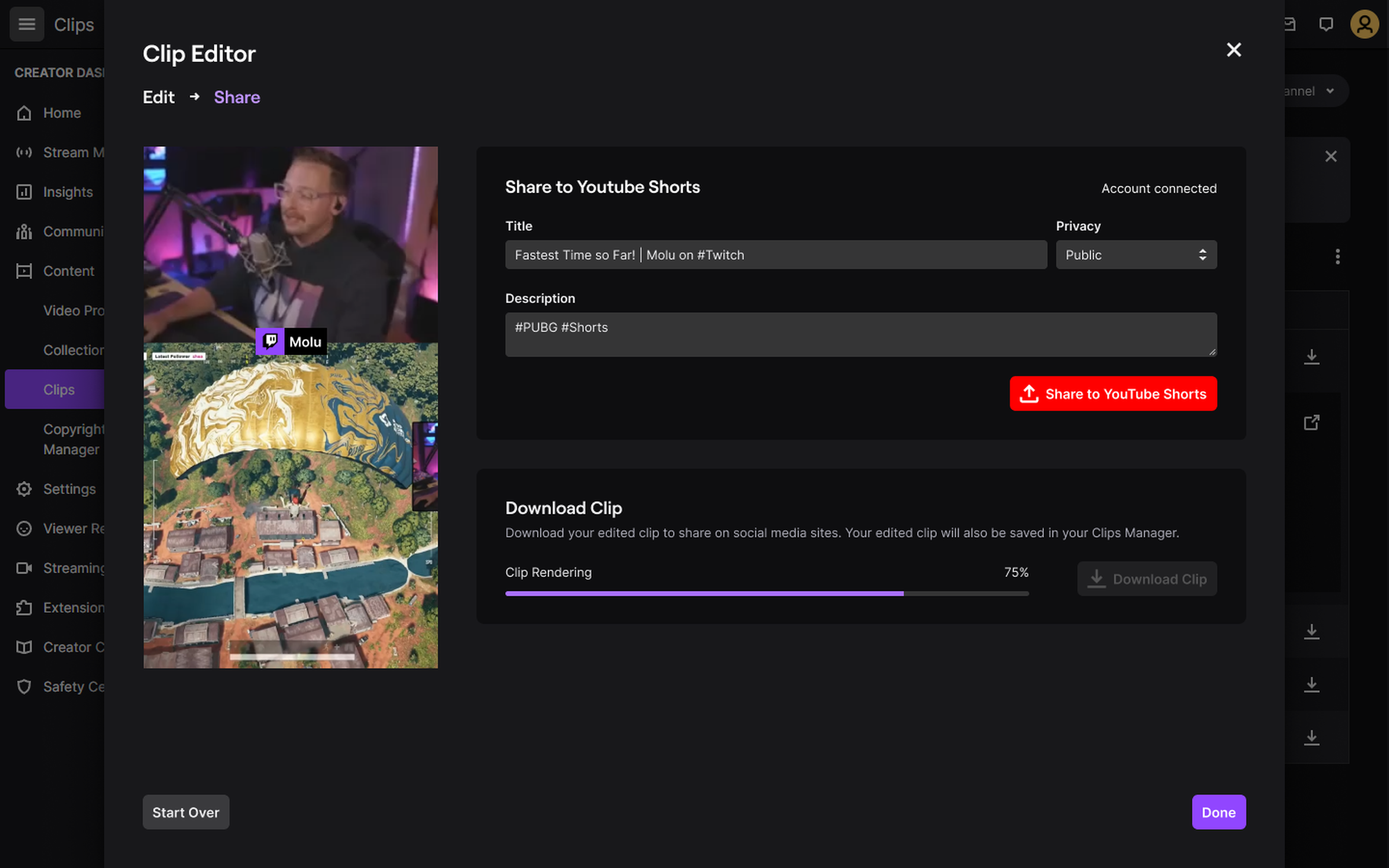 A screenshot of someone uploading a video from the Twitch Clip Editor to YouTube Shorts.