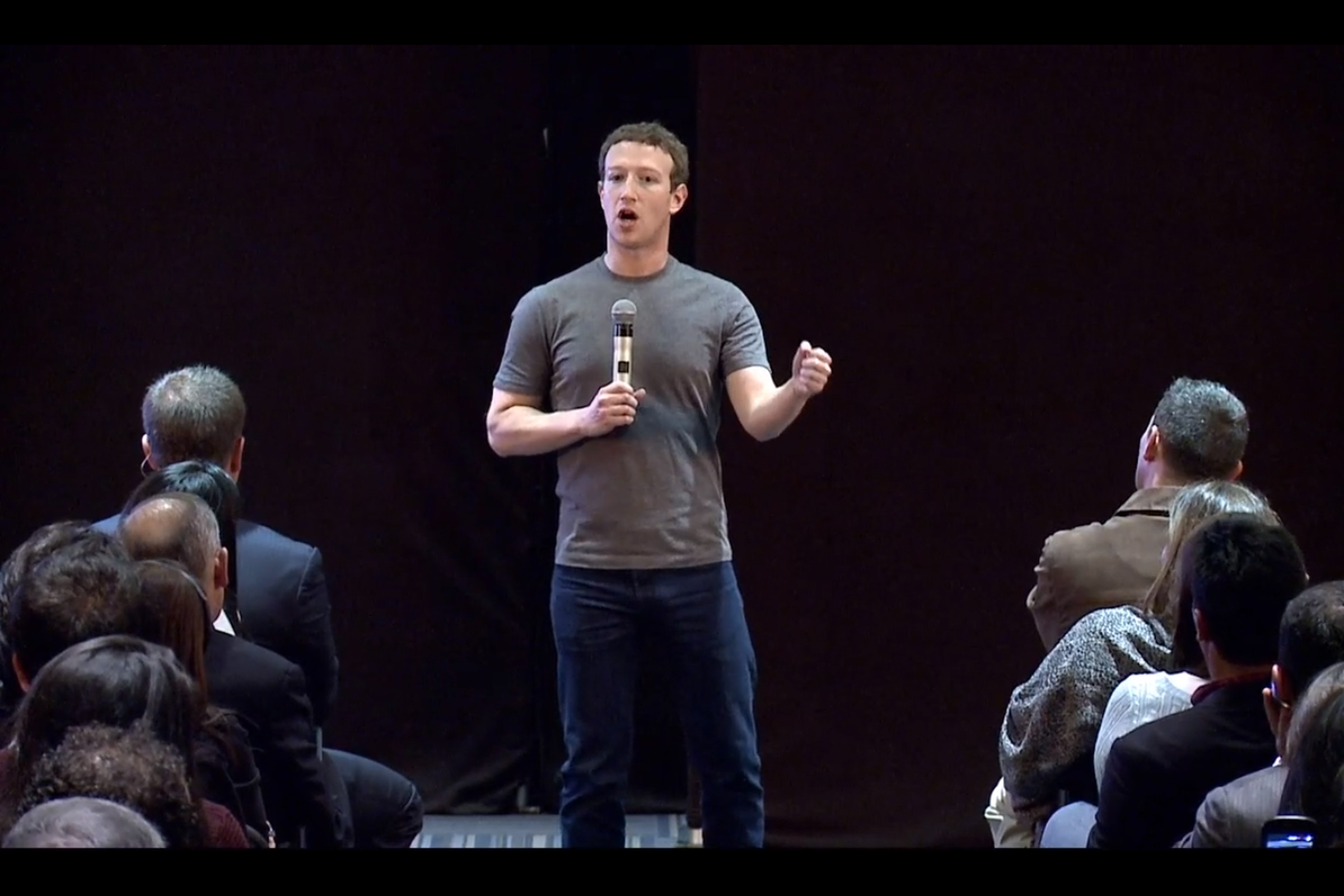 Mark Zuckerberg speaking at Facebook's third town hall event in Colombia.