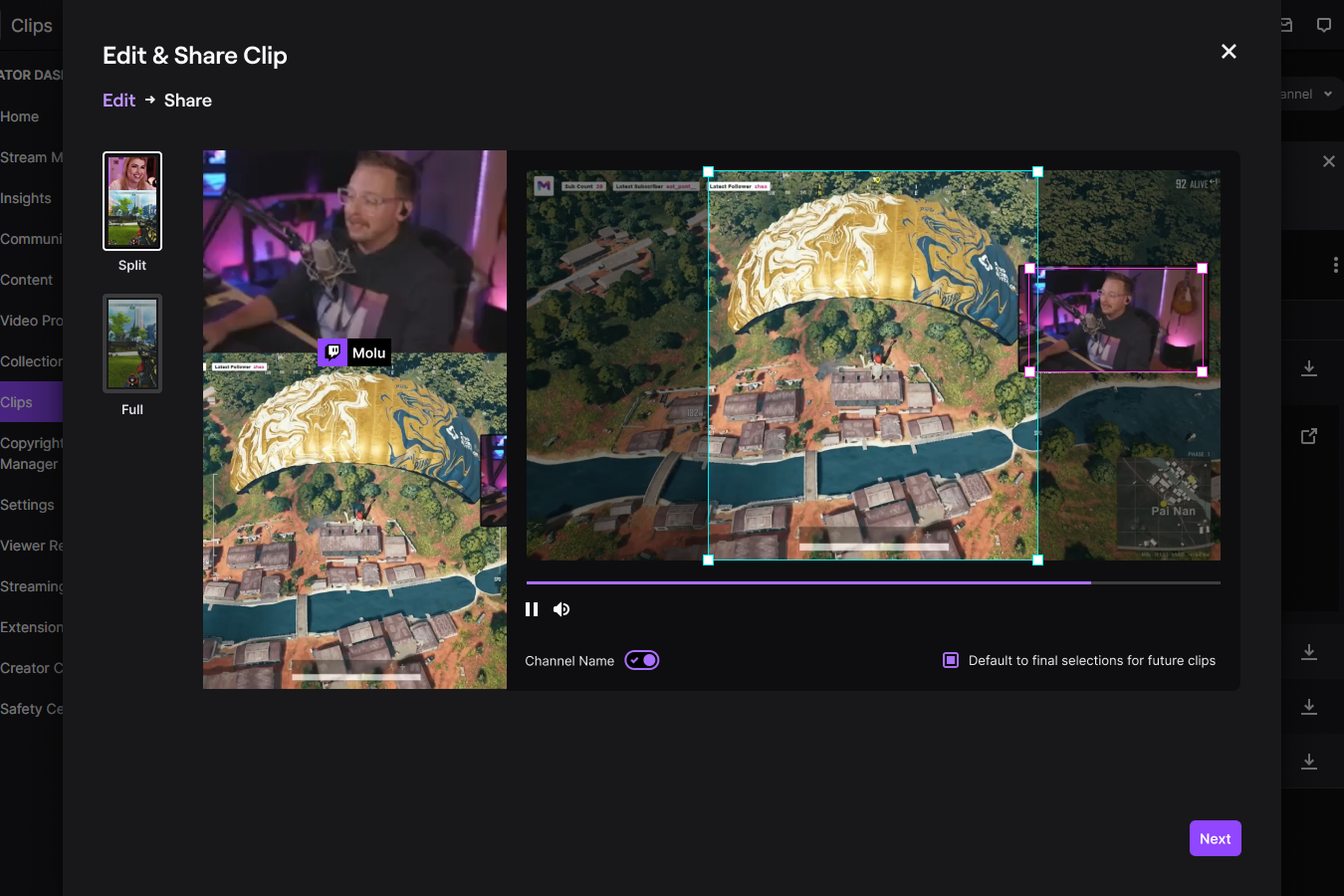 A screenshot of the new Twitch Clip Editor tool for desktop, showing how a section of a stream can be selected and moved to a vertical video format