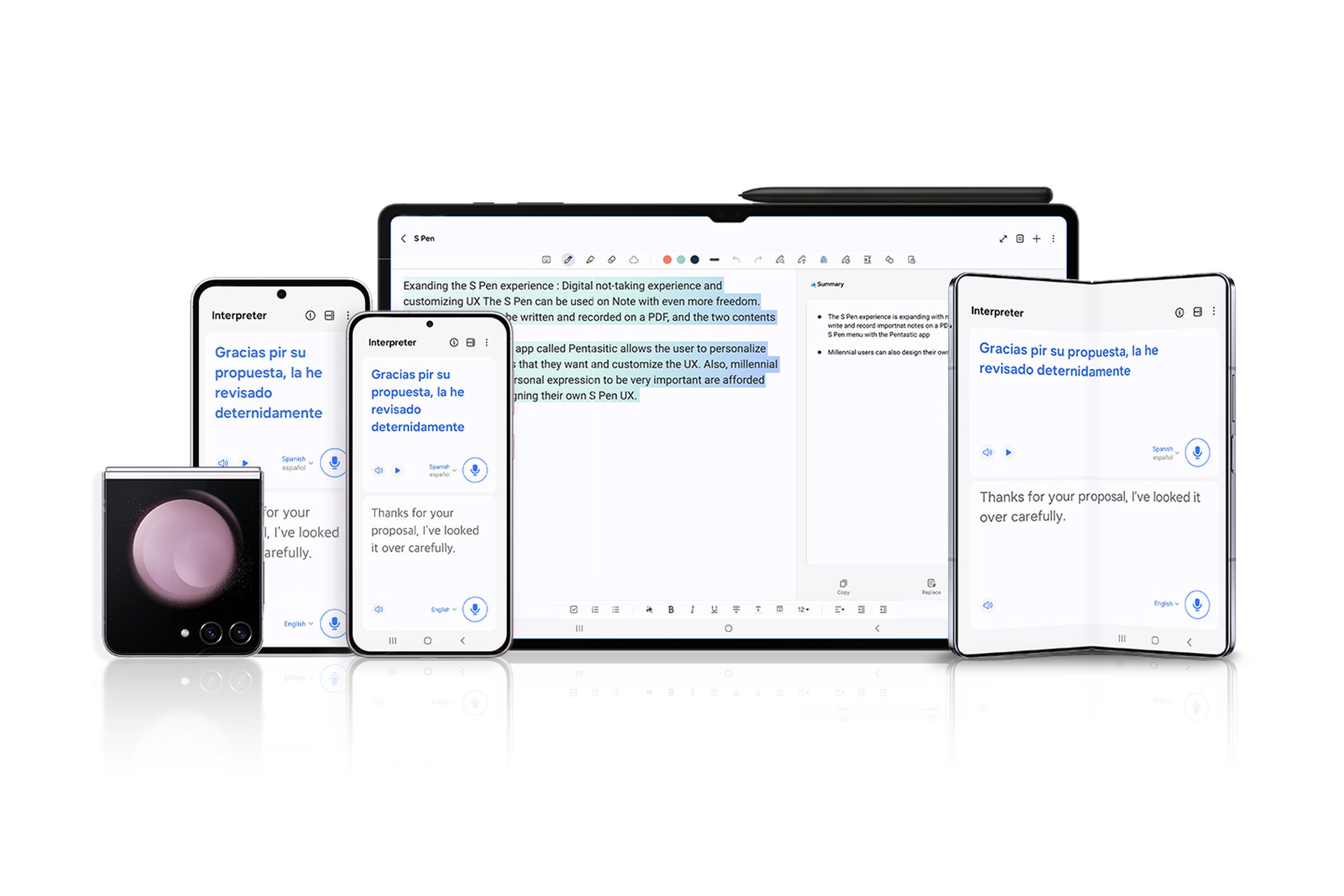 The Samsung phones, tablets, and foldables that are getting the One UI 6.1 update, displaying the Galaxy AI translation feature in operation on their screens.