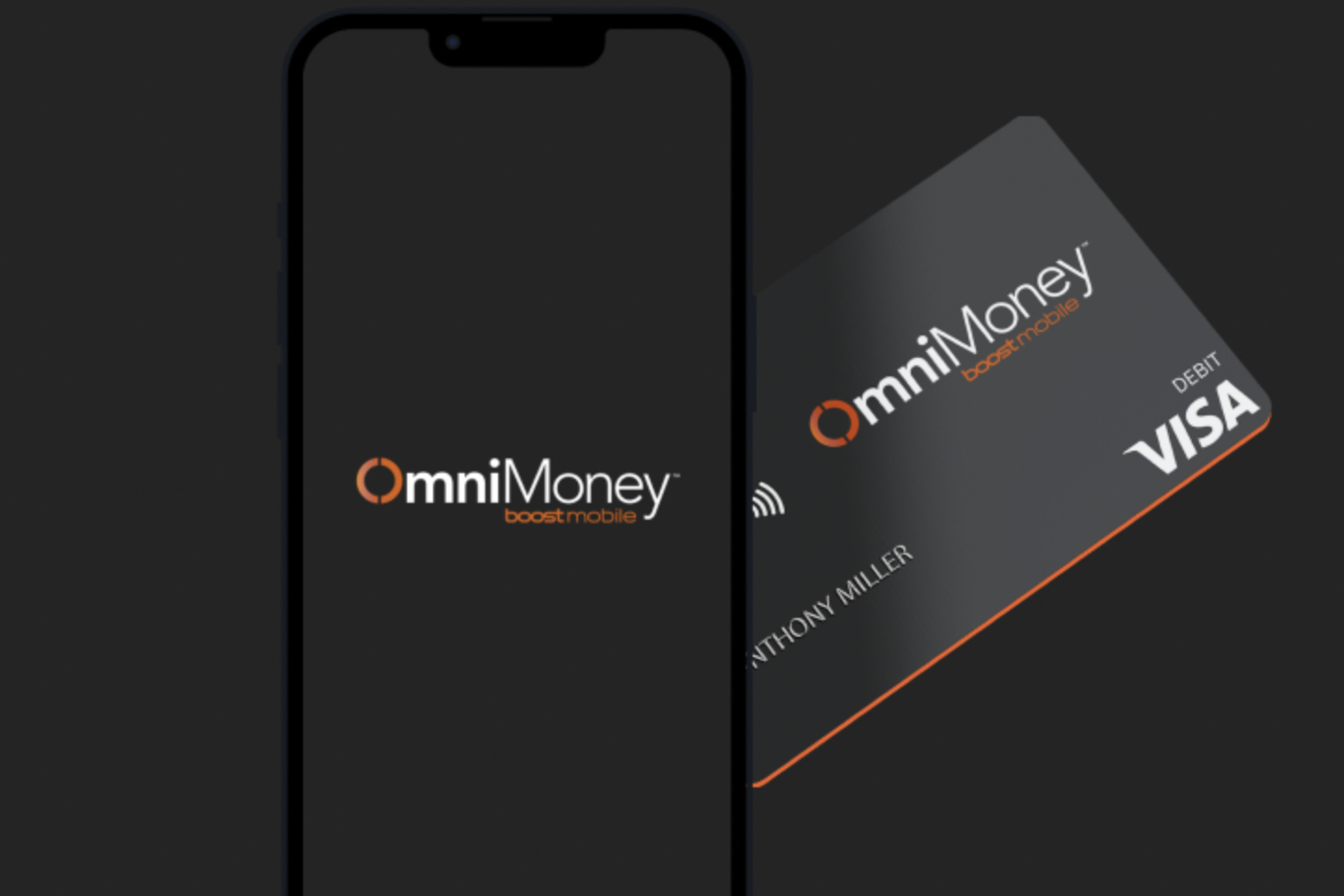 OmniMoney logo on a debit card and phone screen.