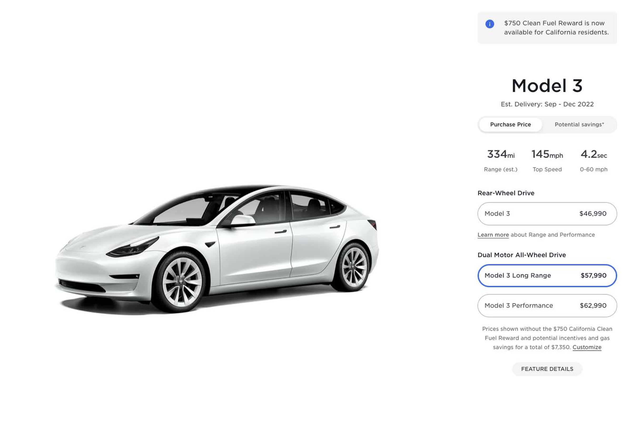 The Long Range version of the Model 3 now costs $57,990.