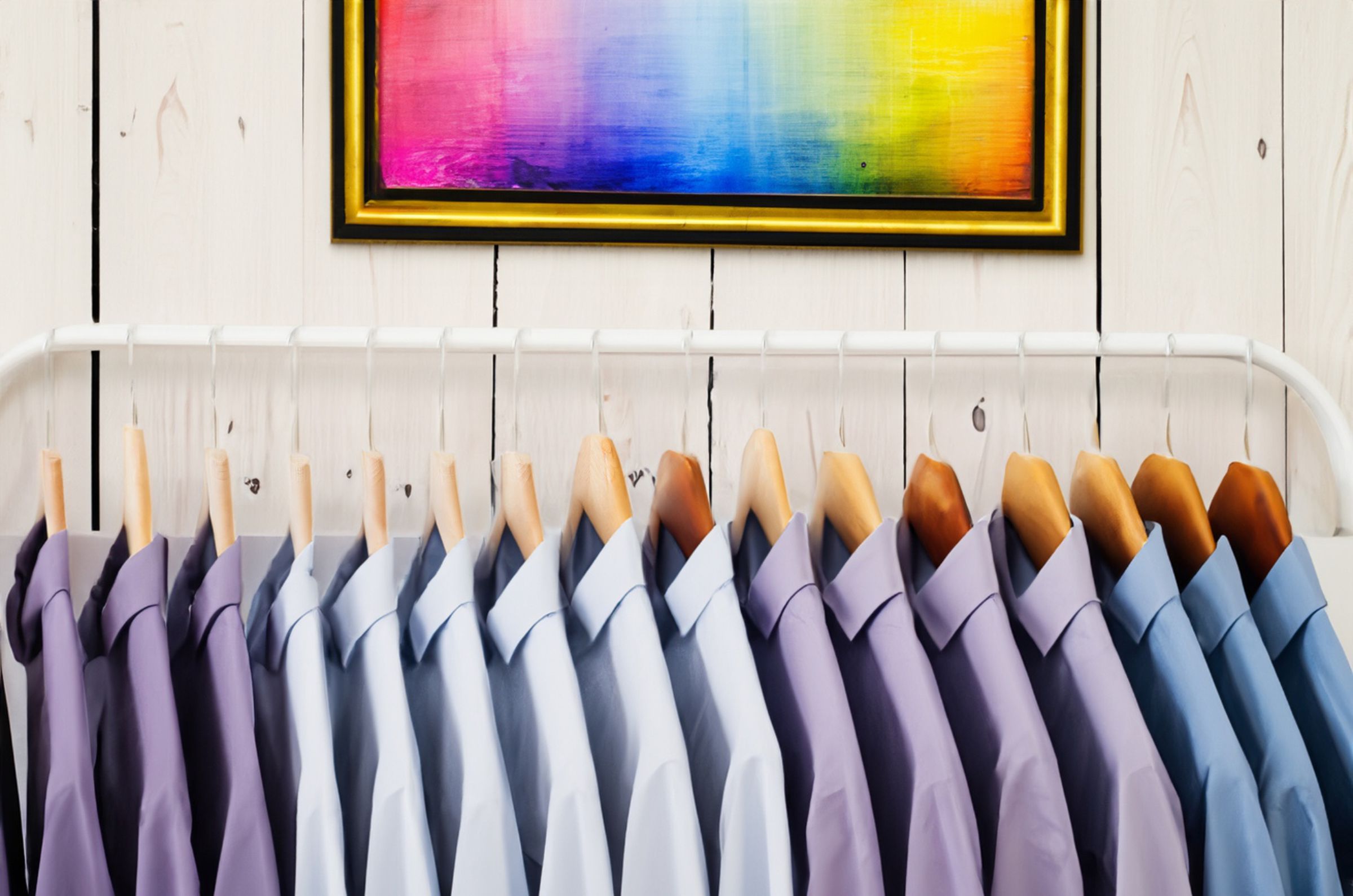 An AI-edited image of a closet with shirts hanging on a rail.