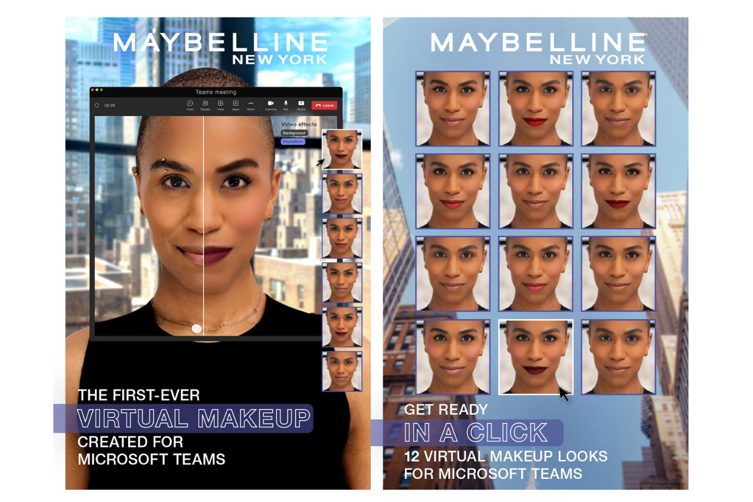 A promotional image for Maybelline’s virtual makeup try-on experience in Microsoft Teams.
