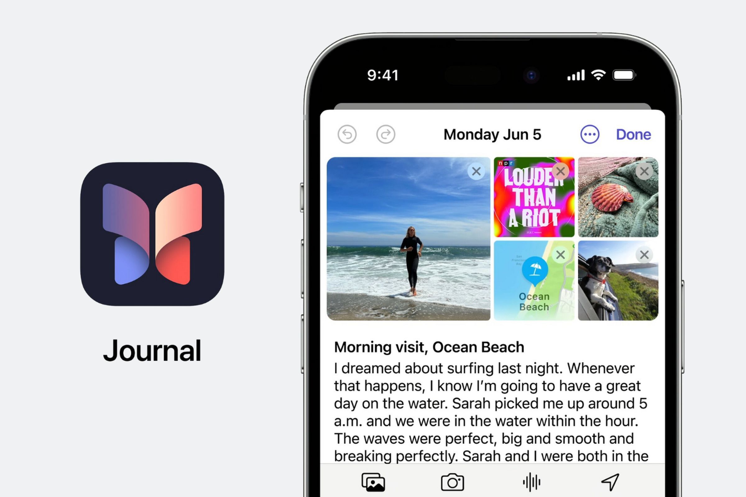 The Journal App logo on iOS, besides a mockup of what the app will look like on an iPhone.