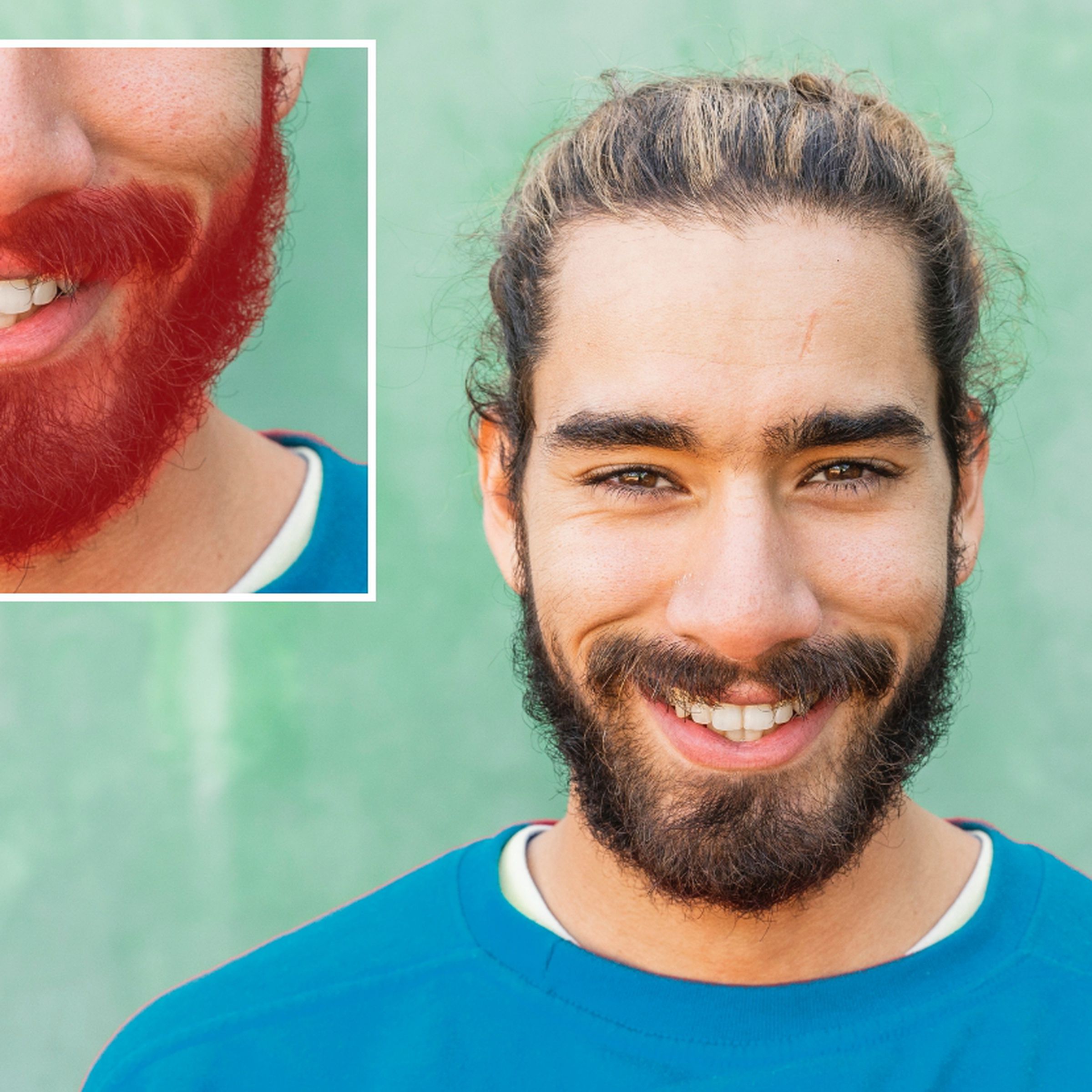 A side-by-side image comparison of a bearded man. A close-up shot on the left displays the man’s beard with an automatically generated mask applied in Adobe Lightroom.