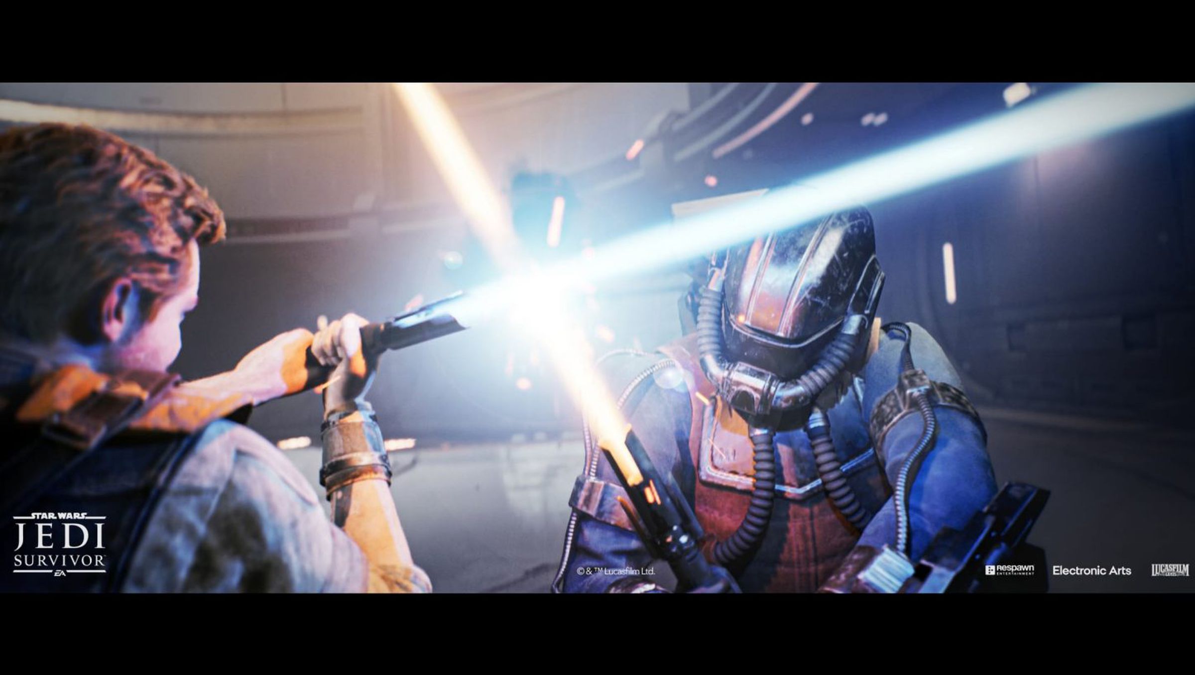 A screenshot of a lightsaber duel in Star Wars Jedi: Survivor.