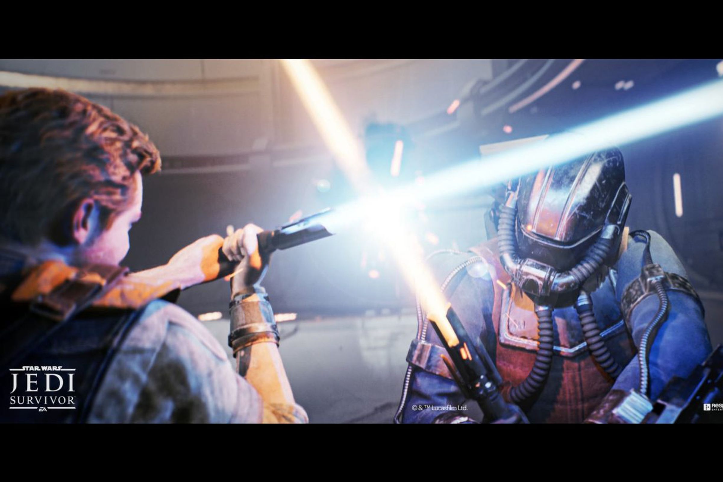 Screenshot from Star Wars Jedi: Survivor featuring a lightsaber duel between Cal Kestis and an unknown sith.