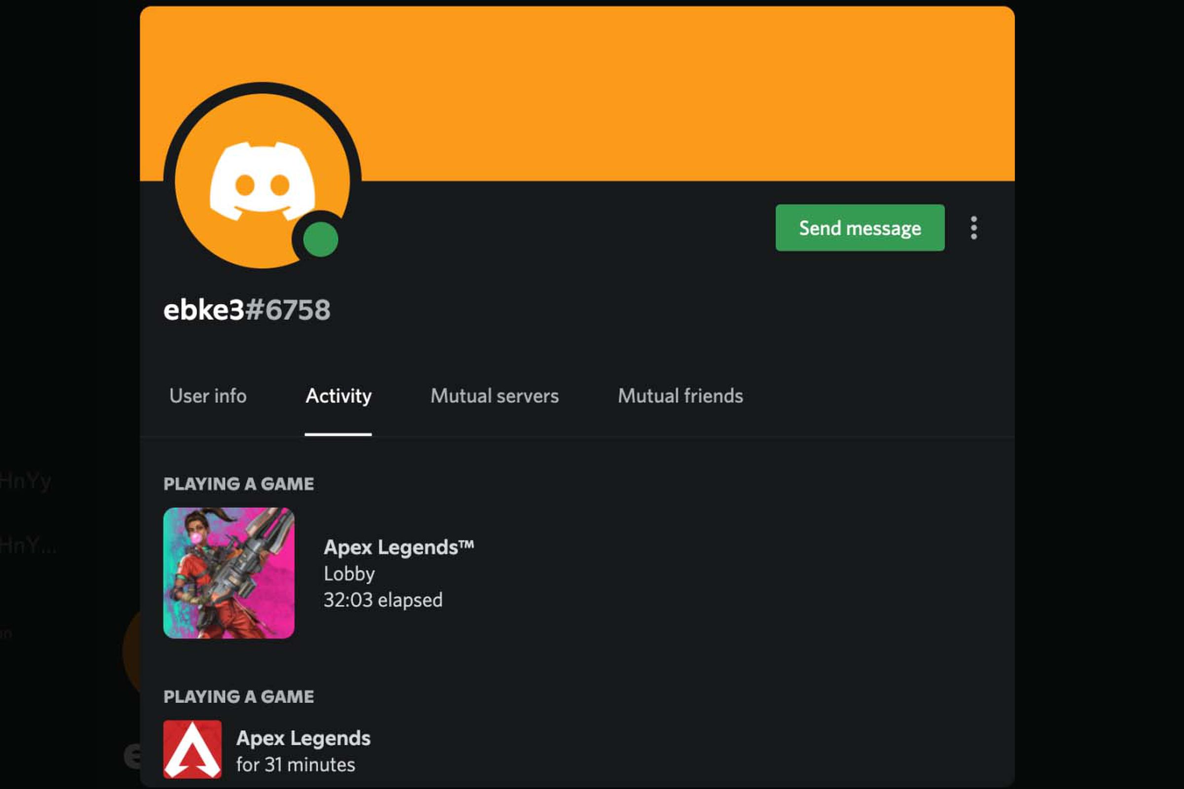 A Discord profile showing that a friend is in a game’s lobby.
