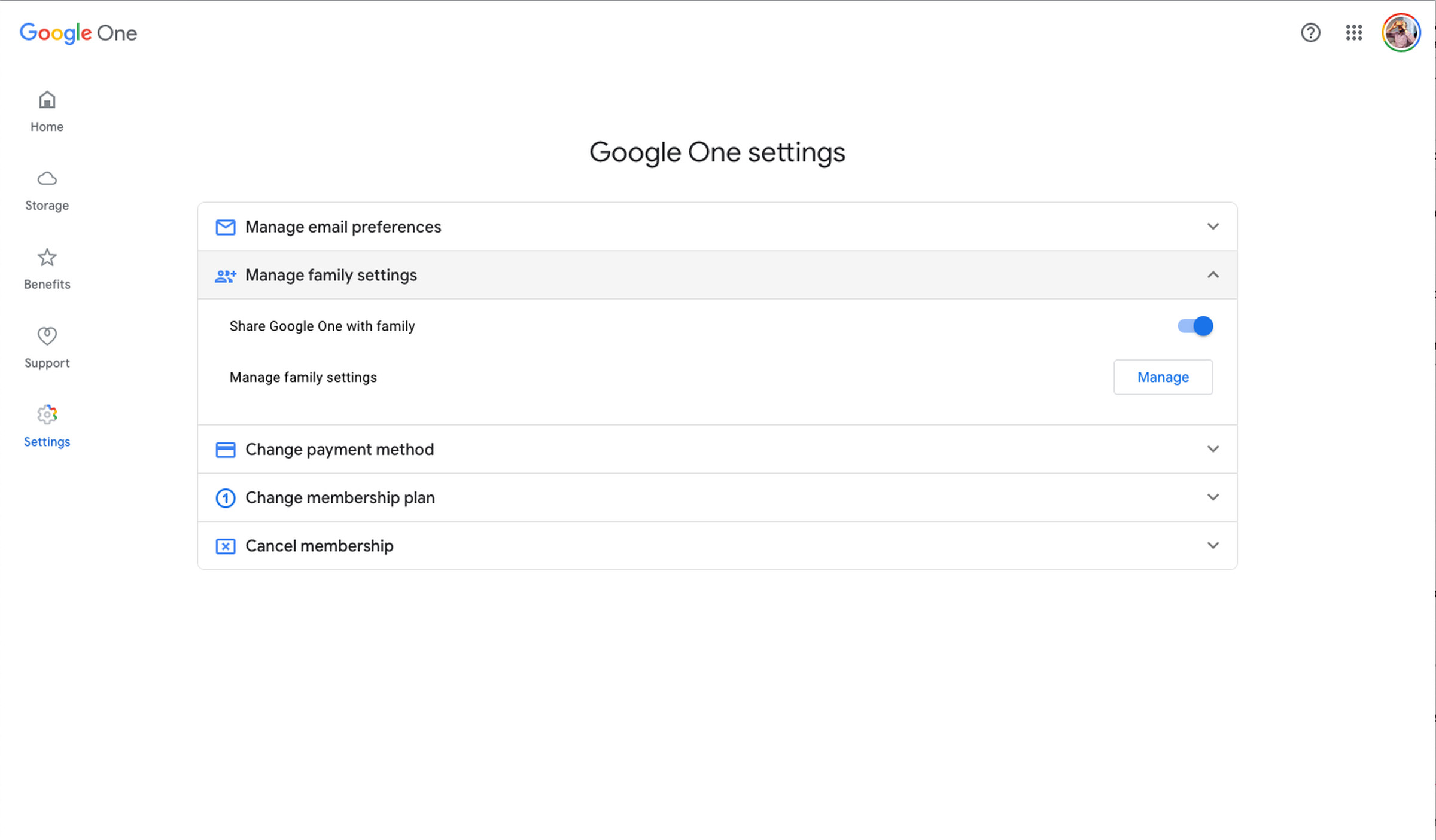 To enable shared storage, go to settings and look for “Share Google One with family.”