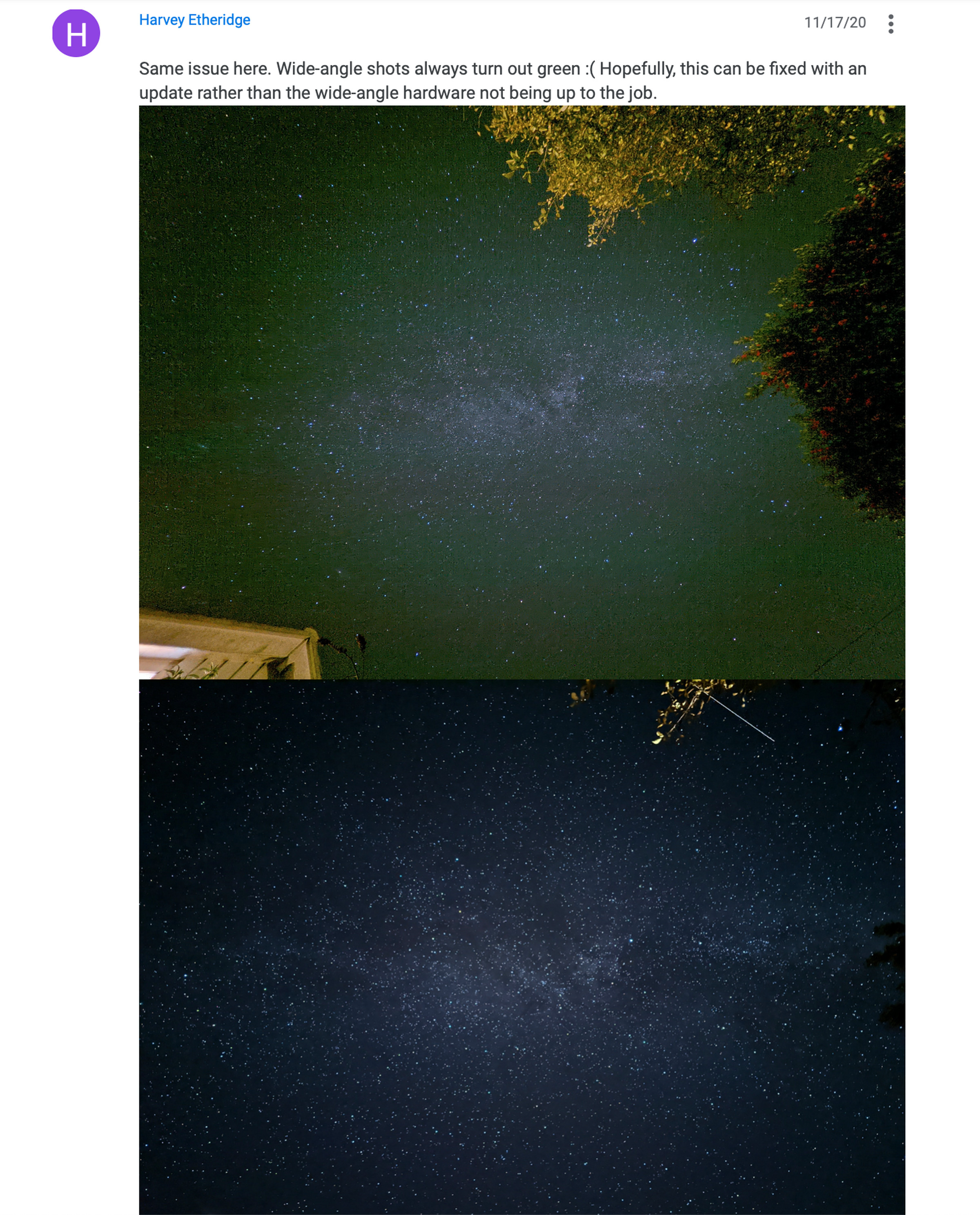 A screenshot of a forum post comparing the two cameras’ results in astrophotography mode.