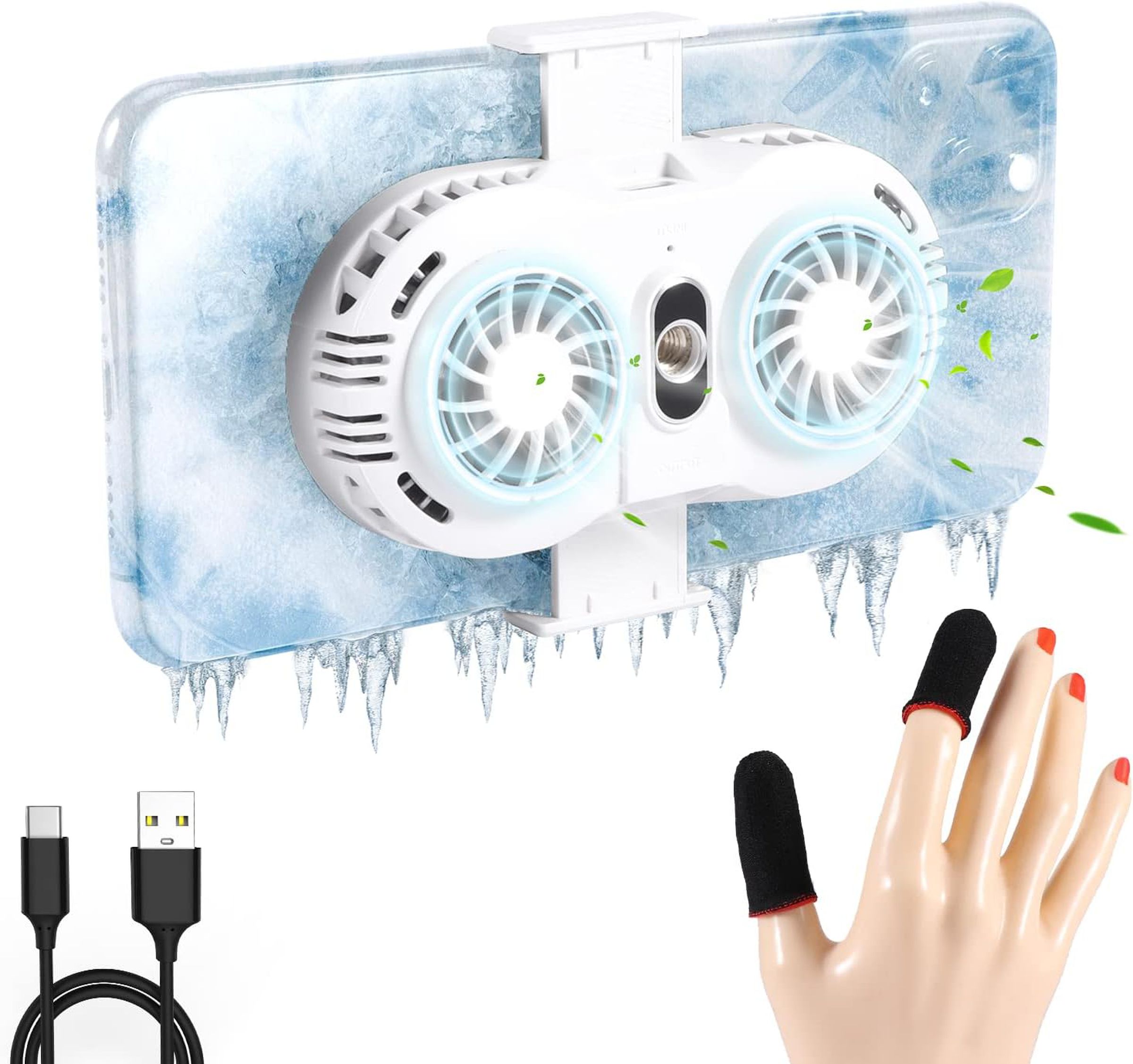 A dual-fan cooler in all-white is clipped on this phone, which has thick icicles. A mannequin hand has black finger coverings on the thumb and forefinger.