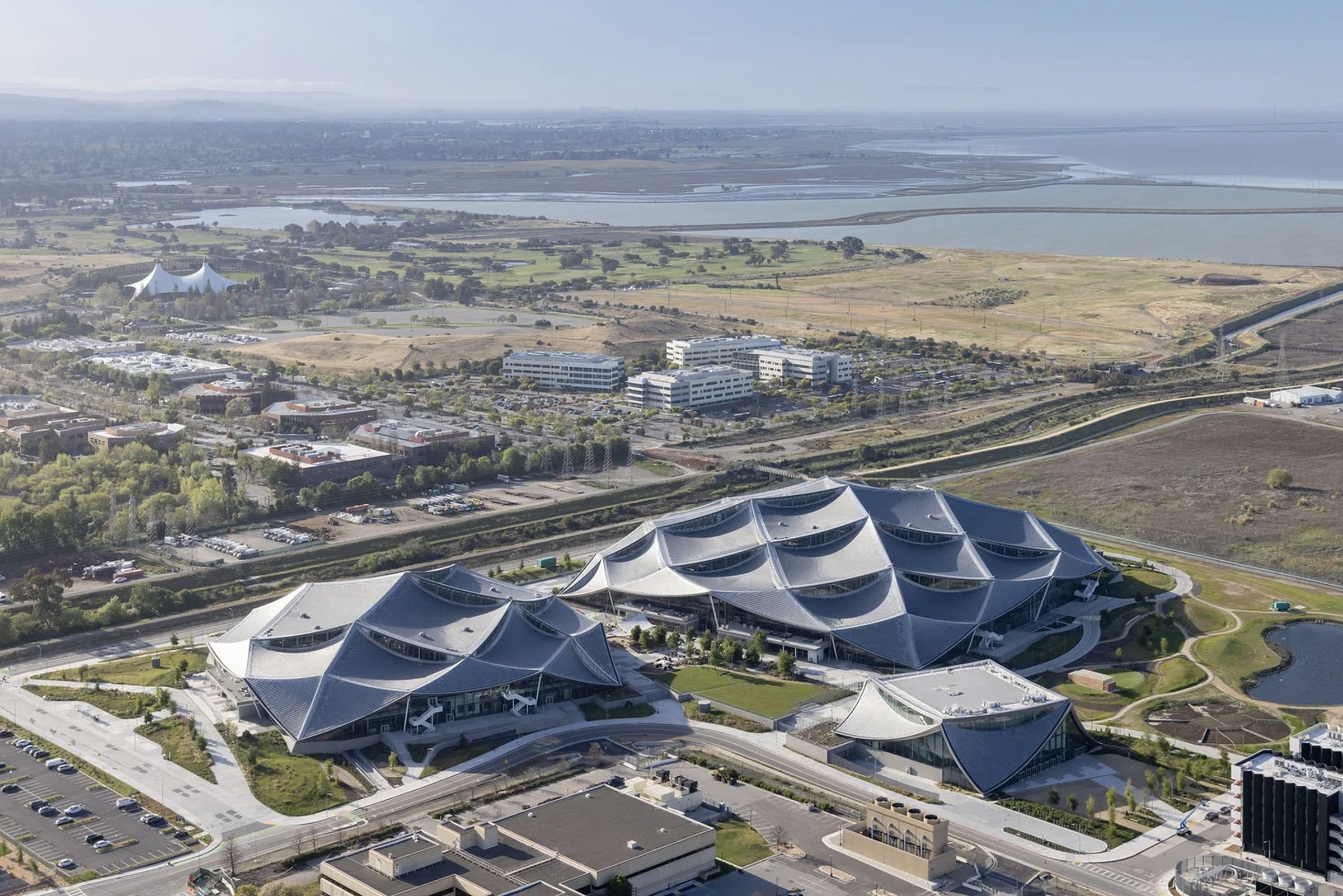 Aerial overhead view of the massive Google Bay View Campus and its geometric roof
