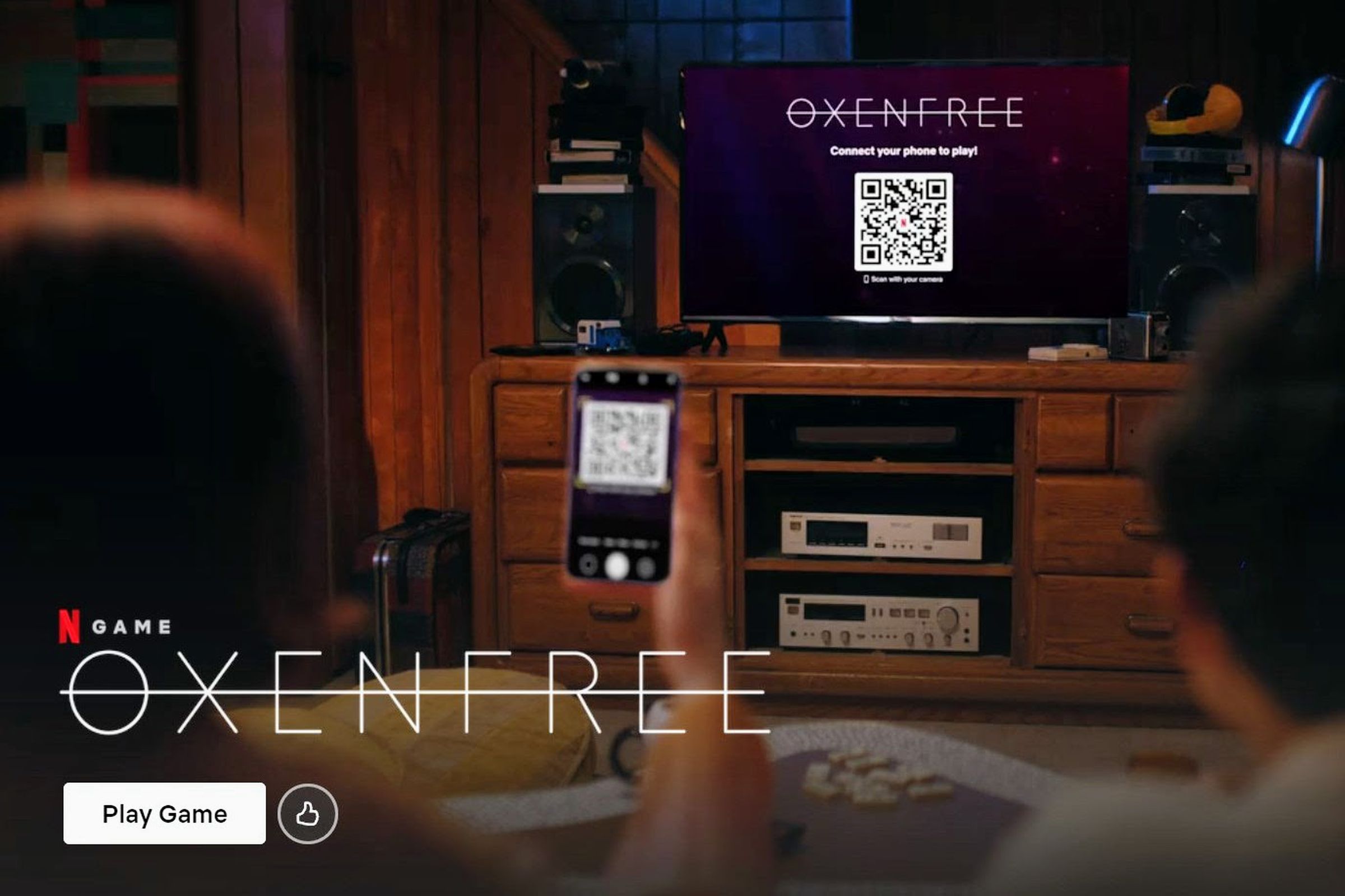 Netflix’s website shows a trailer for Oxenfree, where people hold up a phone to scan a QR code to connect it to their TV.