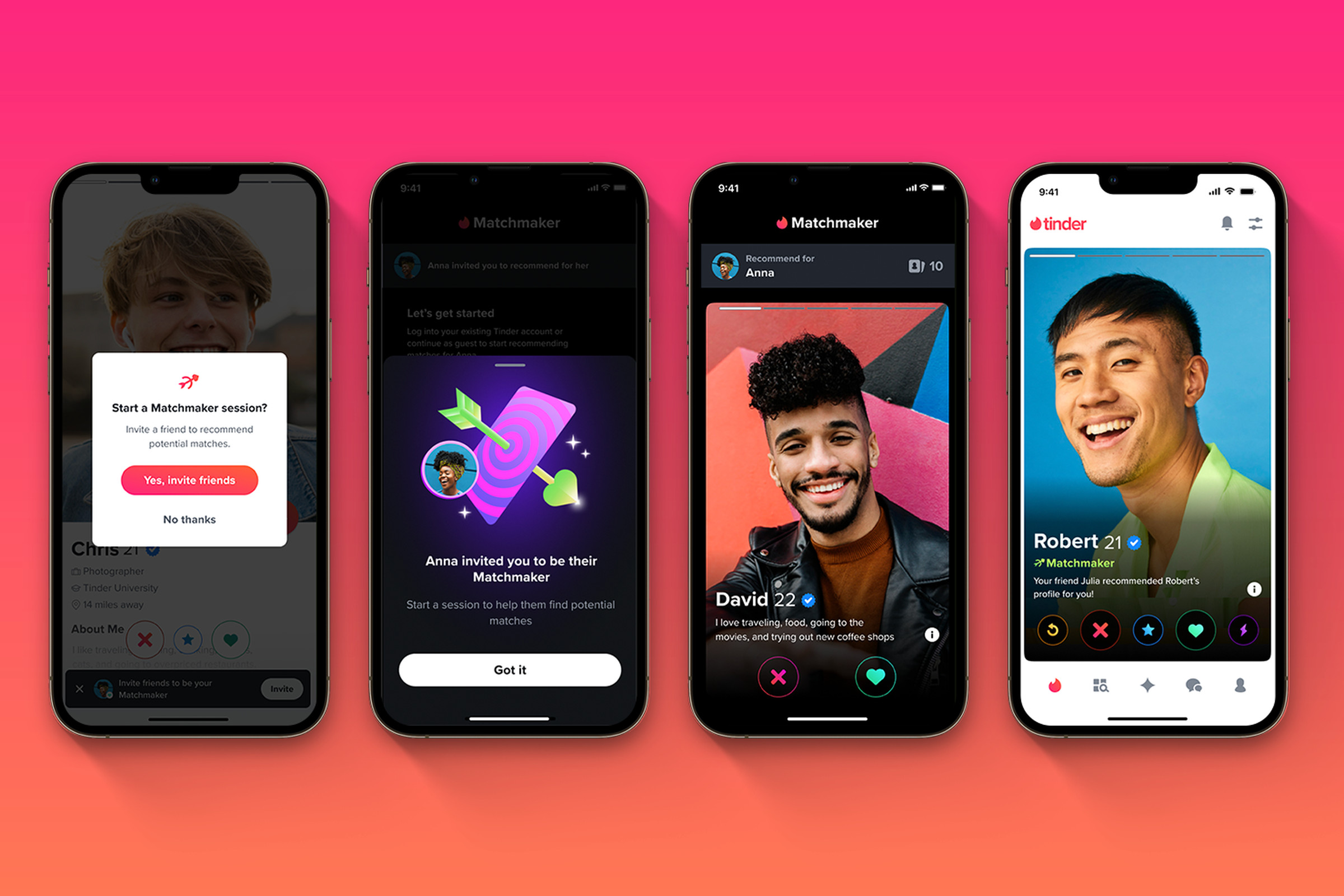 Four mobile phones each displaying Tinder’s new Matchmaker feature