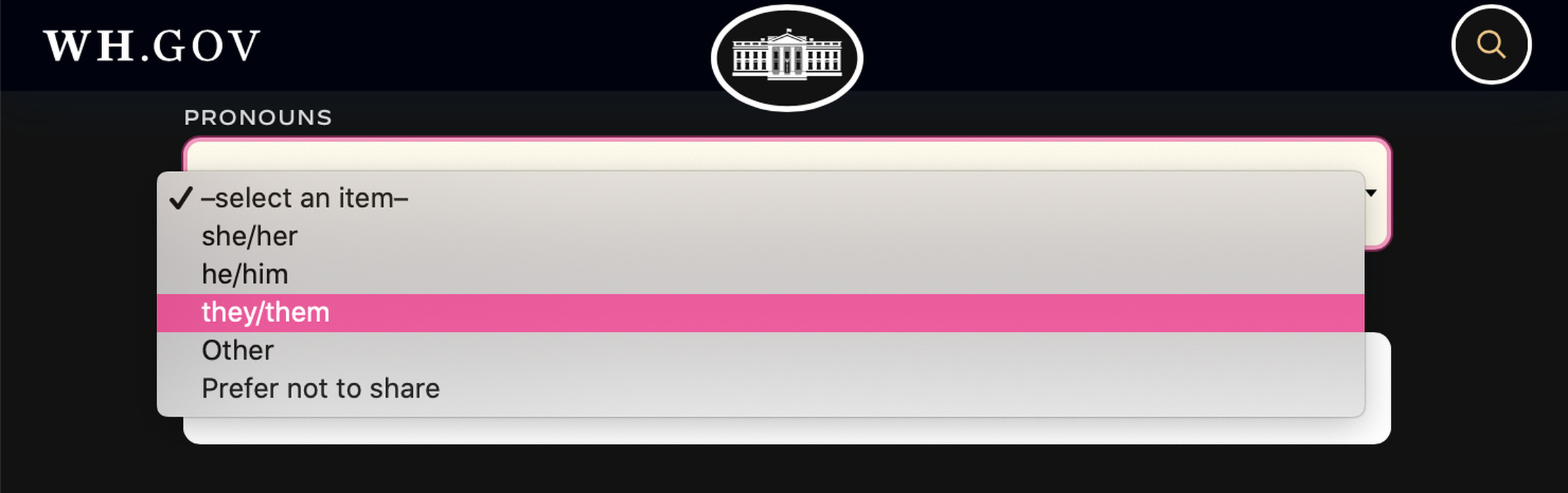 Dropdown menu on the White House contact page that allows the user to select their pronouns.