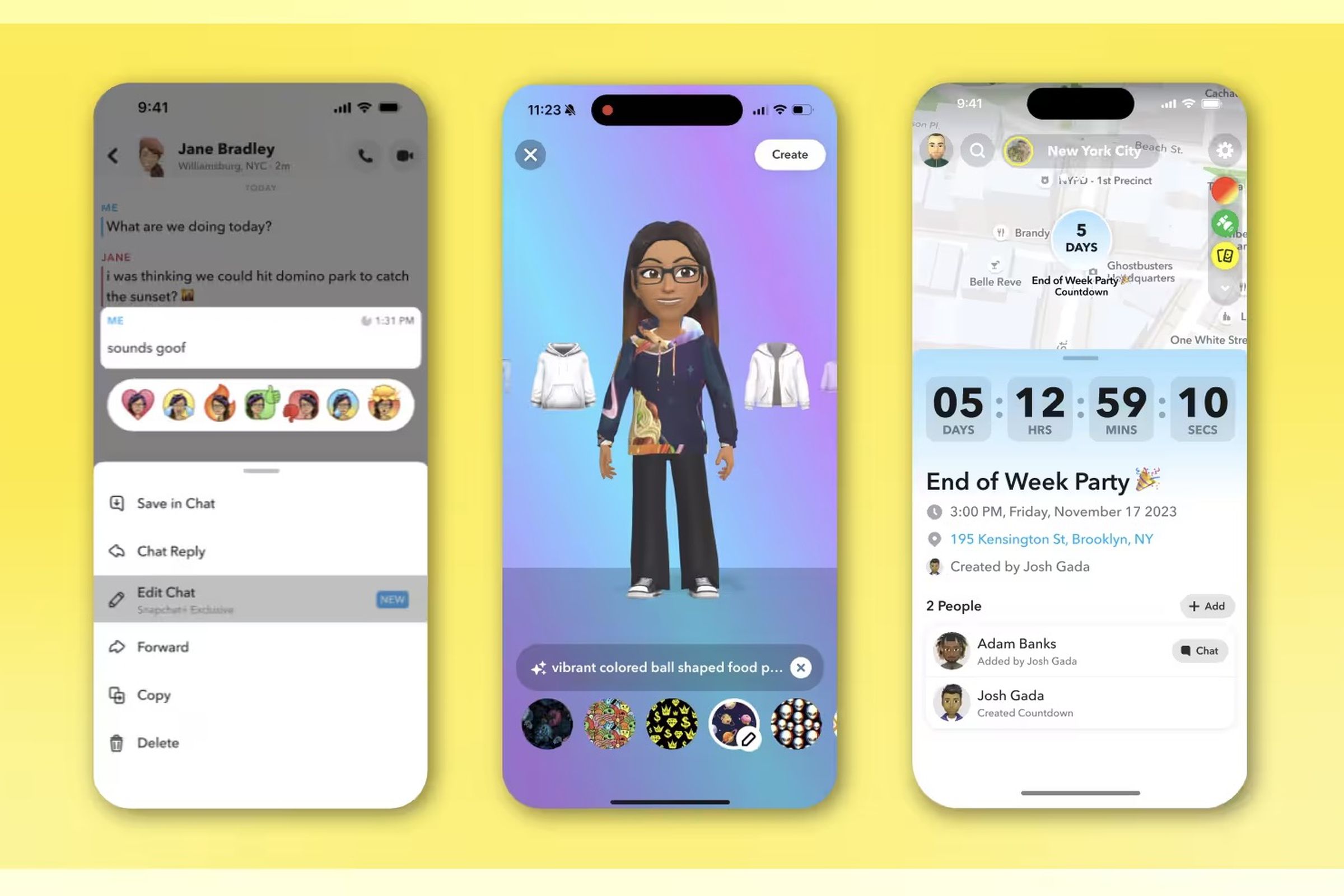 three screenshots of snapchat features