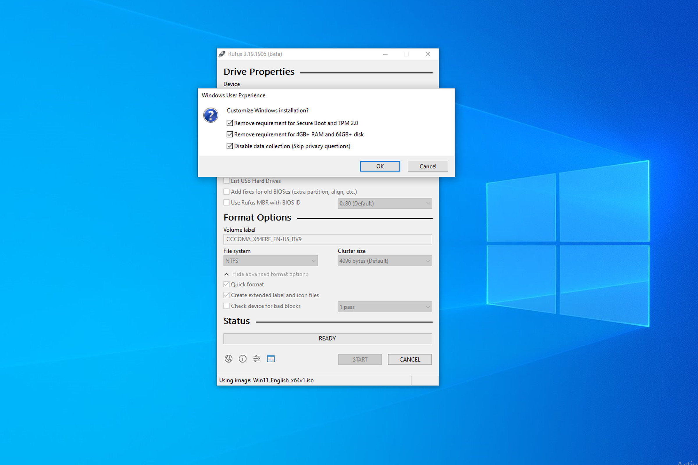 Rufus 3.19 Beta has options when you start creating the bootable windows installer.
