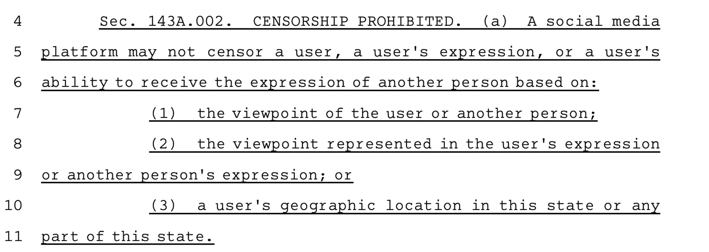 “Sec.A143A.002.AACENSORSHIP PROHIBITED. (a) A social media platform may not censor a user, a user ’s expression, or a user ’s ability to receive the expression of another person based on: (1)AAthe viewpoint of the user or another person; (2)AAthe viewpoint represented in the user ’s expression or another person ’s expression; or (3)AAa user ’s geographic location in this state or any part of this state.”