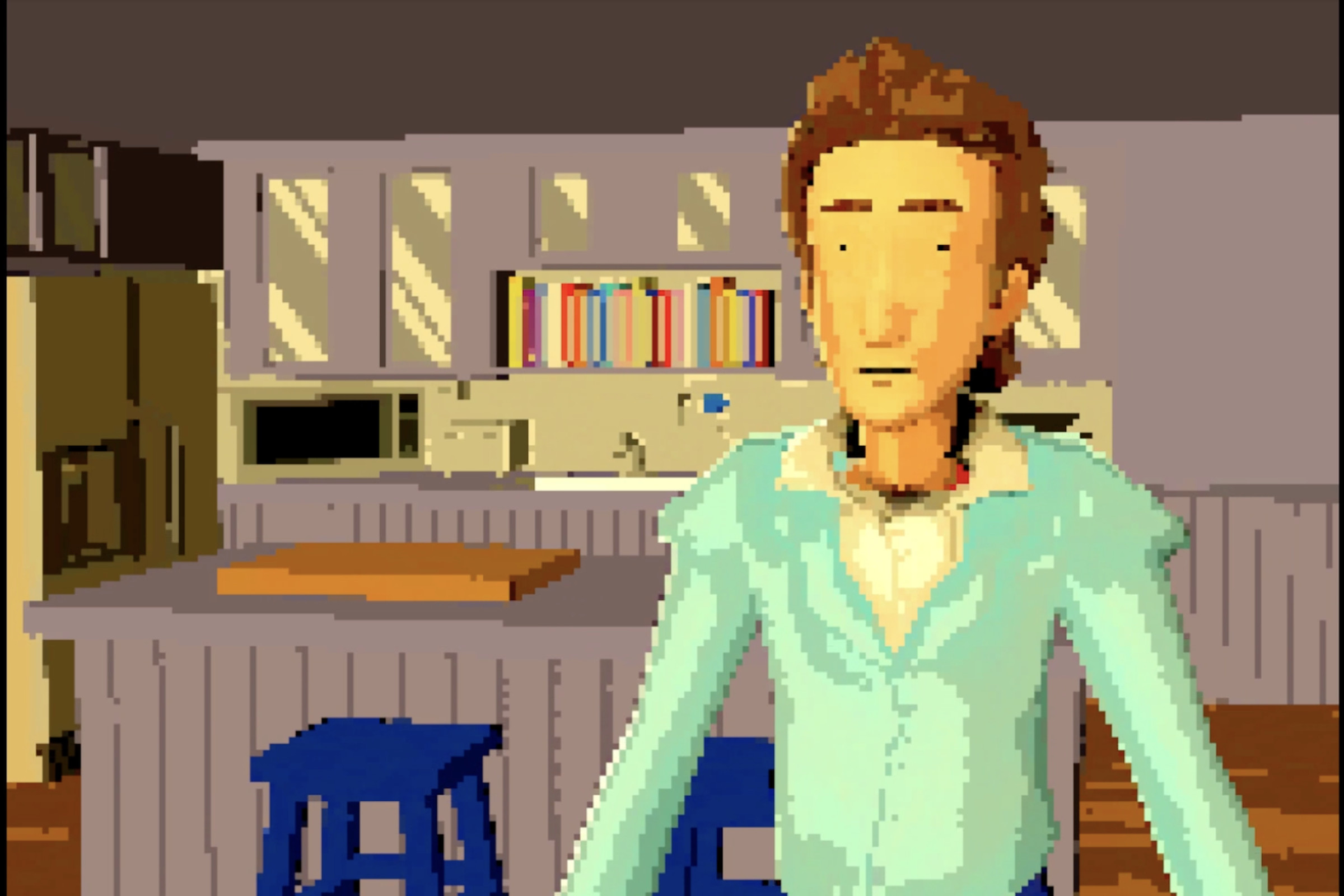 Screenshot from an “episode” of Nothing, Forever featuring Larry standing in a kitchen