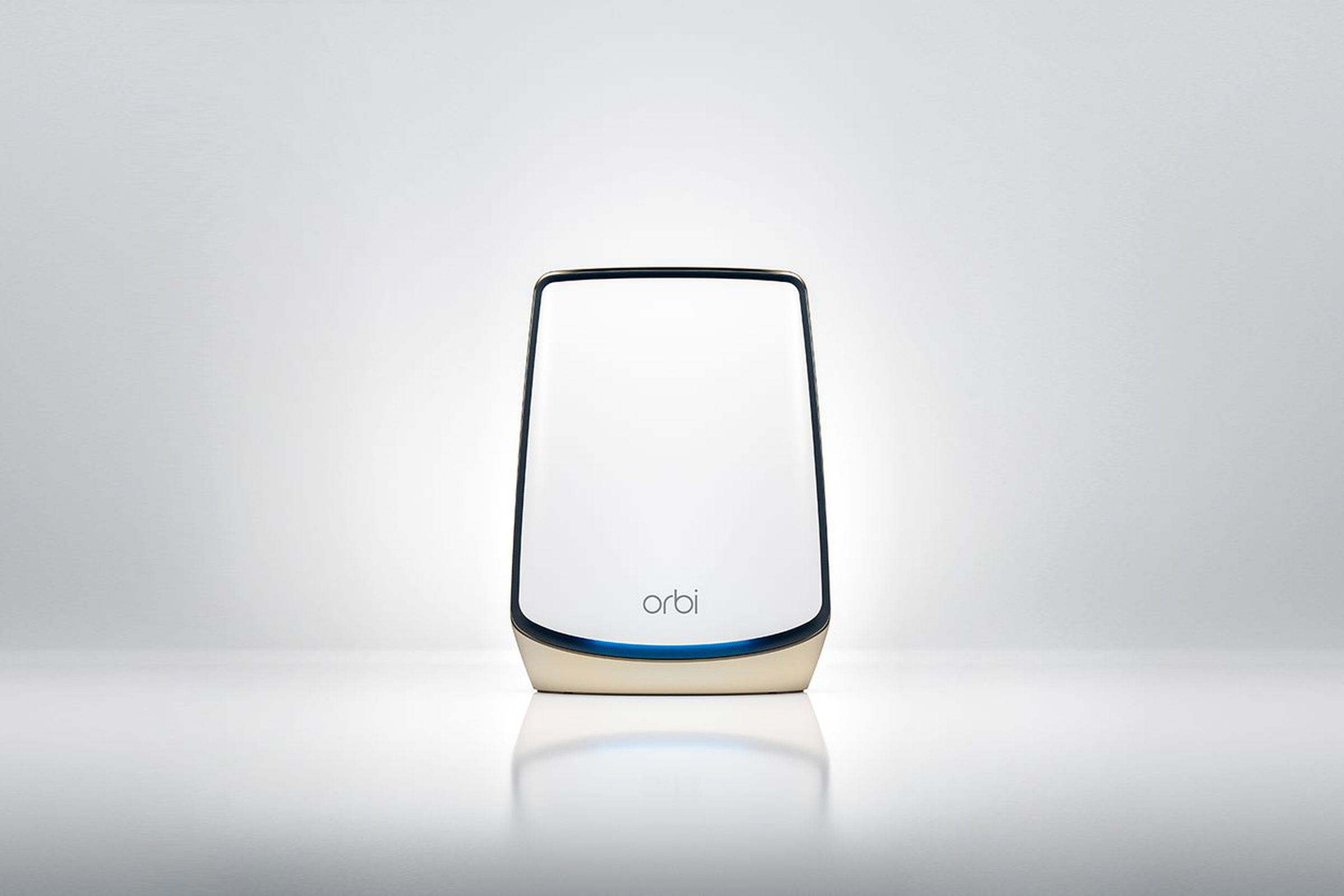 The Orbi 860 shown is a white satellite in a wine glass shaped silhouette in a grey background and has a black outline for the whole uniform body that is the antenna.