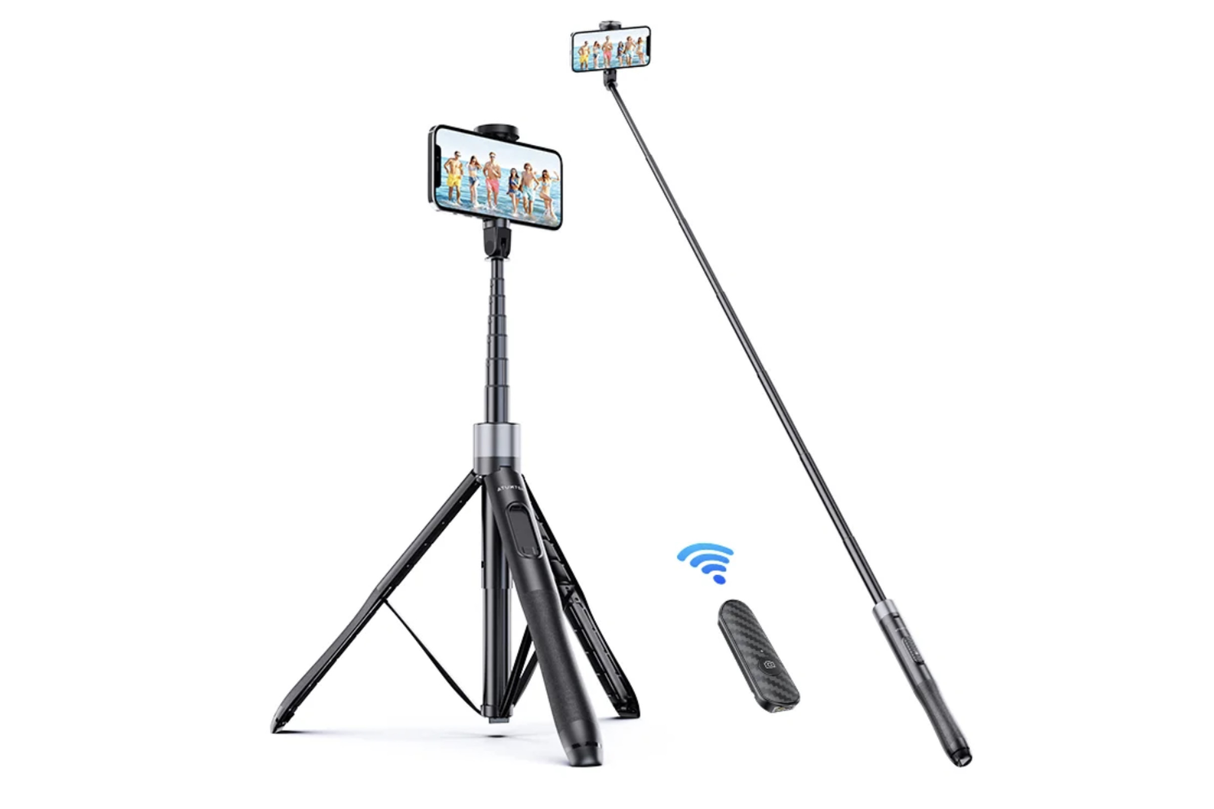 Selfie stick as a tripod and as an expanded stick, with a Bluetooth enabled remote.
