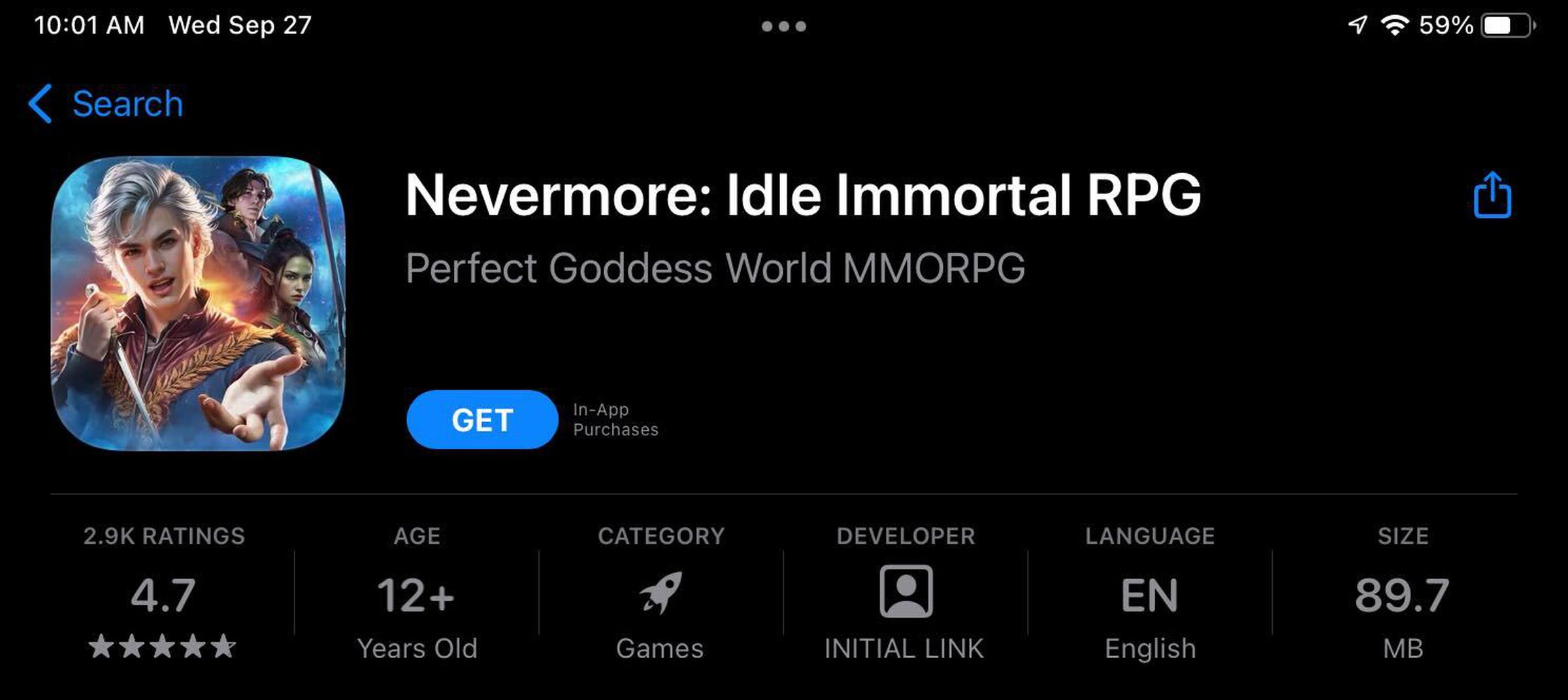 Screenshot of the app store game Nevermore: Idle Immortal RPG