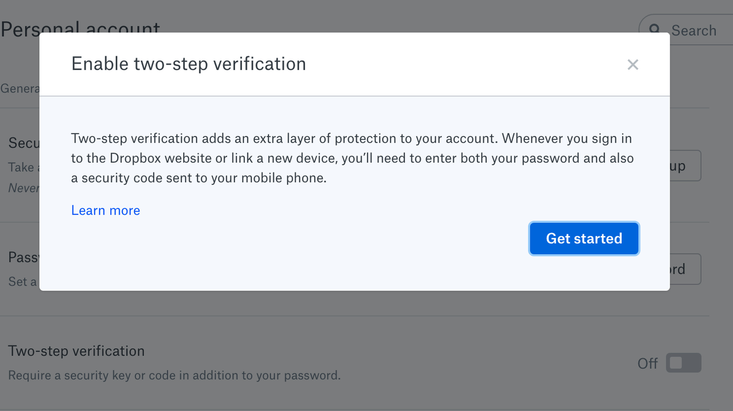 Dropbox also lets you use a text or authenticator app.