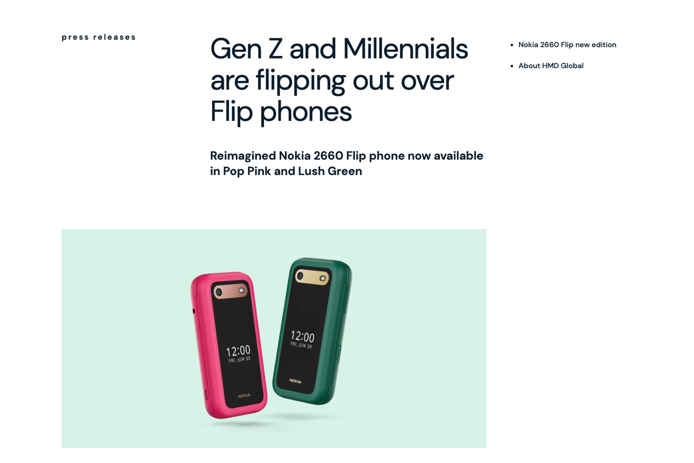 A screenshot of a press release headline stating “Gen Z and Millennials are flipping out over Flip phones.”