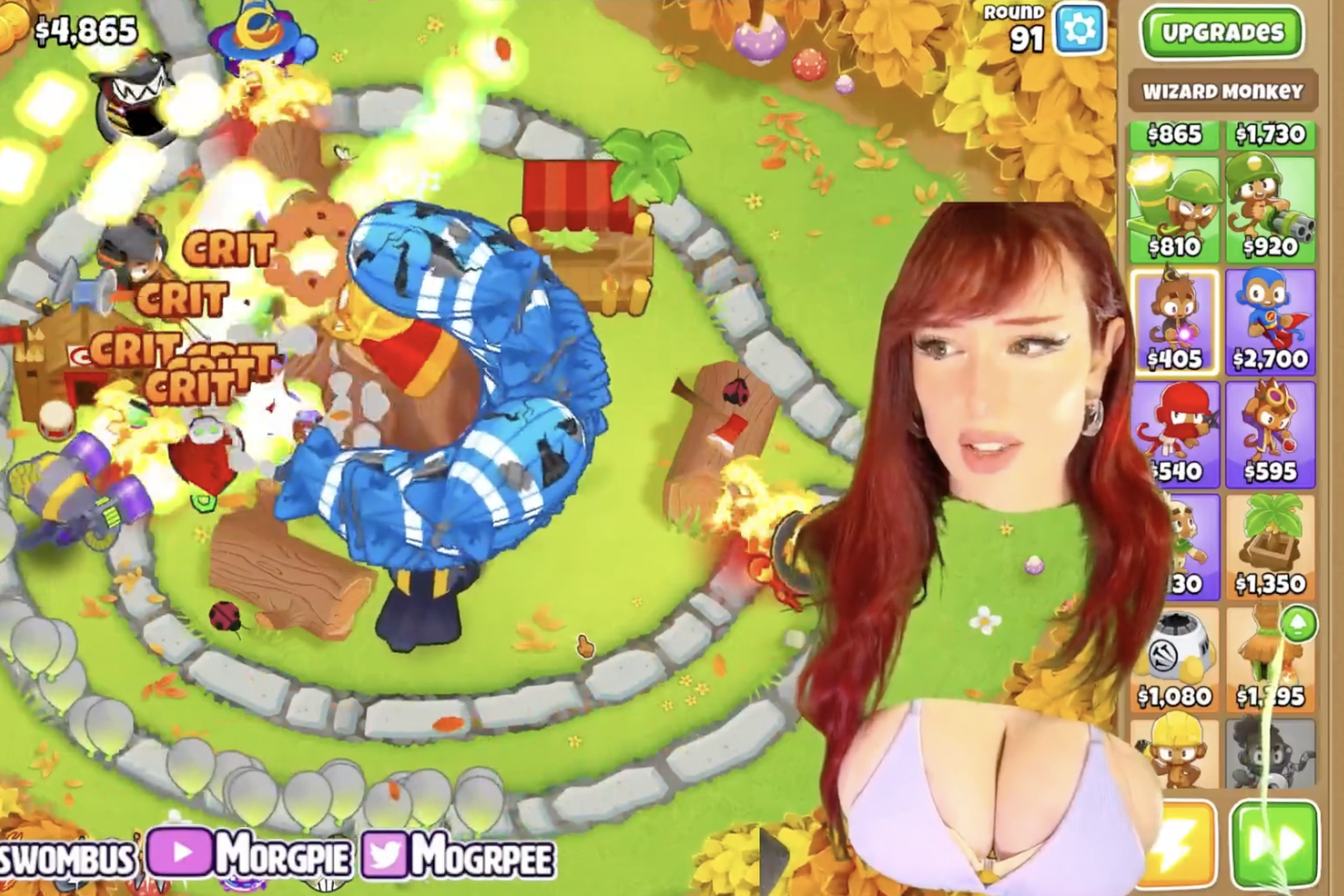 Screenshot from the livestream of Twitch creator Morgpie, a red-haired woman playing Bloons TD 6