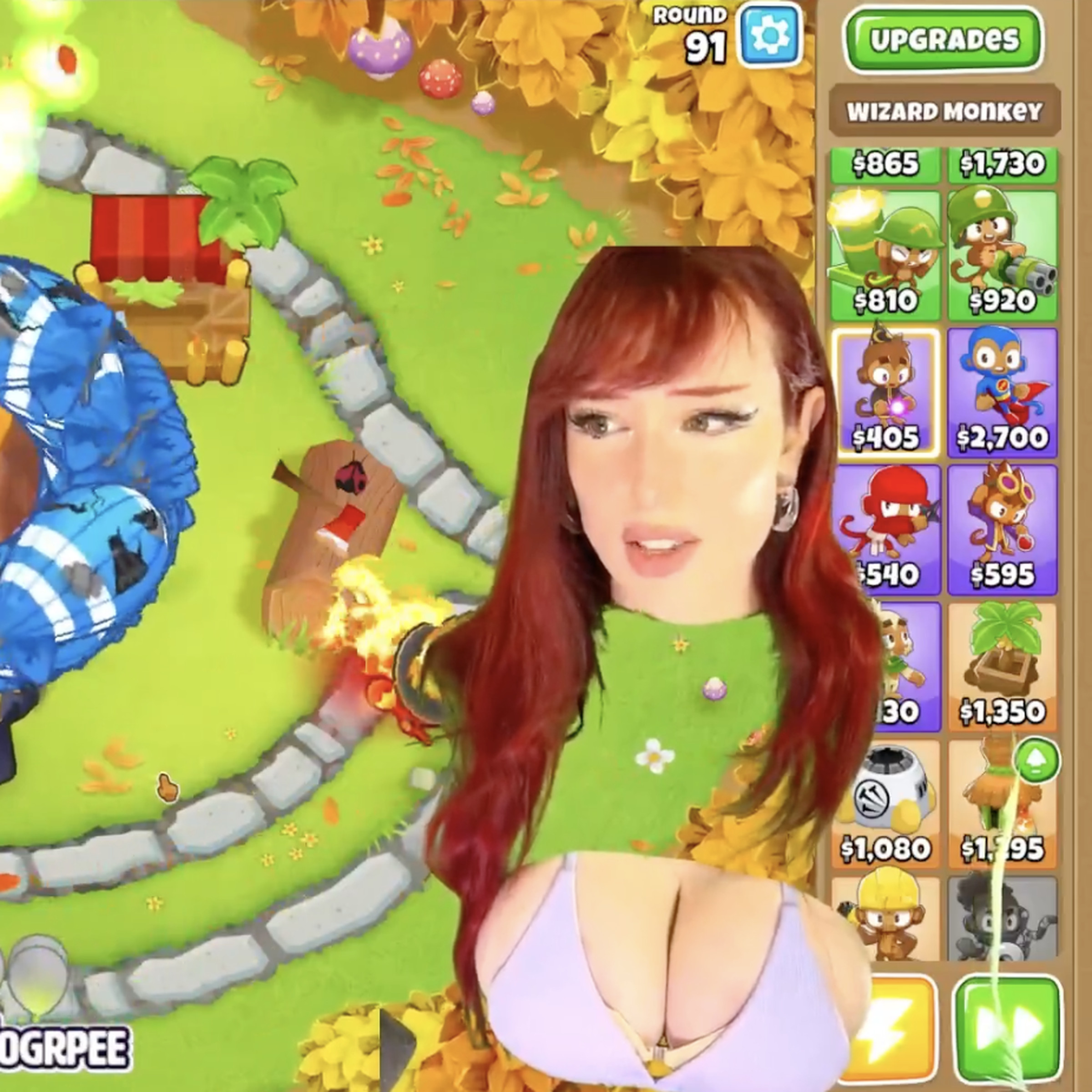 Screenshot from the livestream of Twitch creator Morgpie, a red-haired woman playing Bloons TD 6