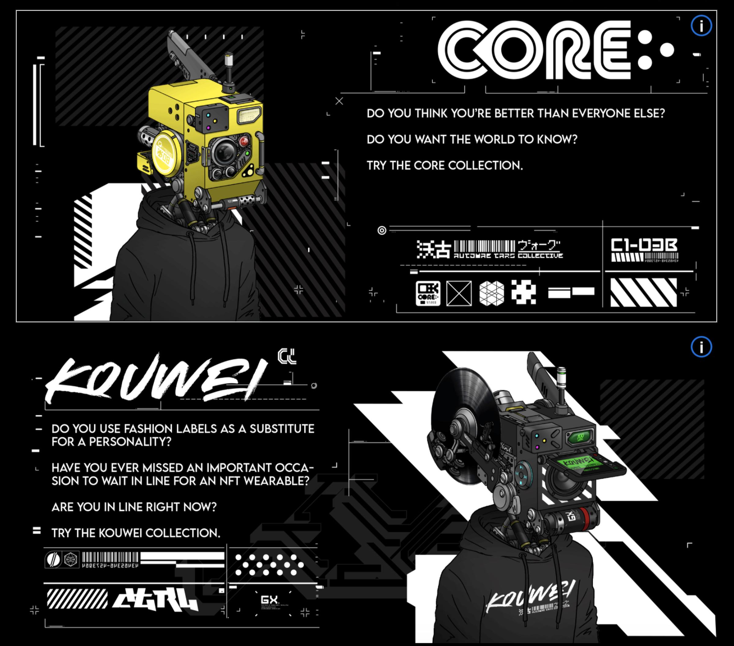 A pair of Vogu TARS robots in streetwear with the titles “Core” and “Kouwei” collection