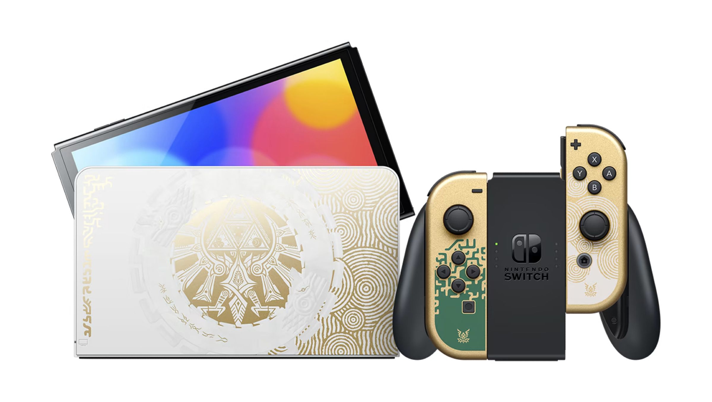 Neue Nintendo Switch OLED Zelda: Tears of the Kingdom Edition zusammen mit Joy-Con-Controllern und Dockingstation.