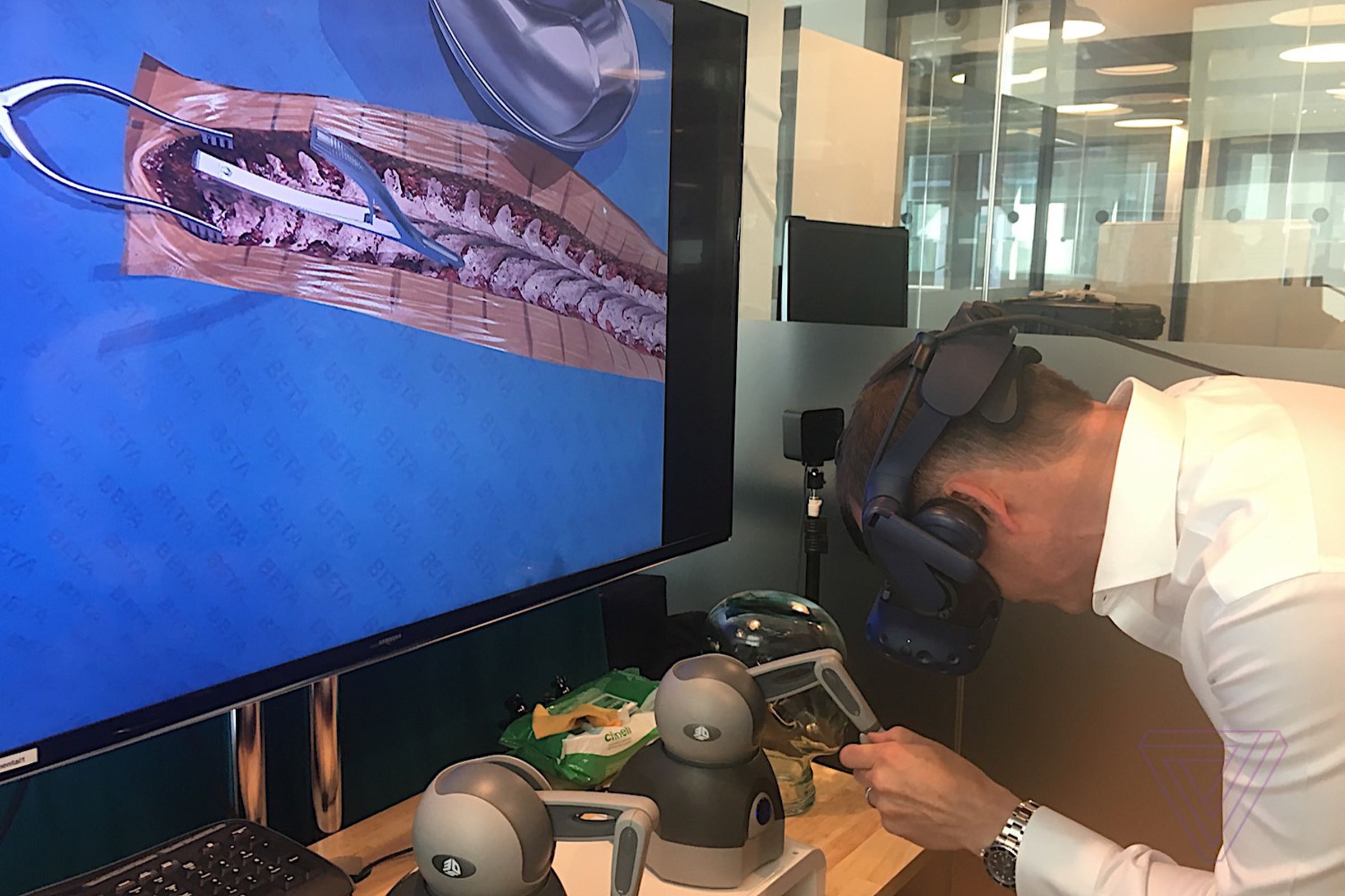 FundamentalVR CEO Richard Vincent demonstrates the company’s technology on a virtual spine.