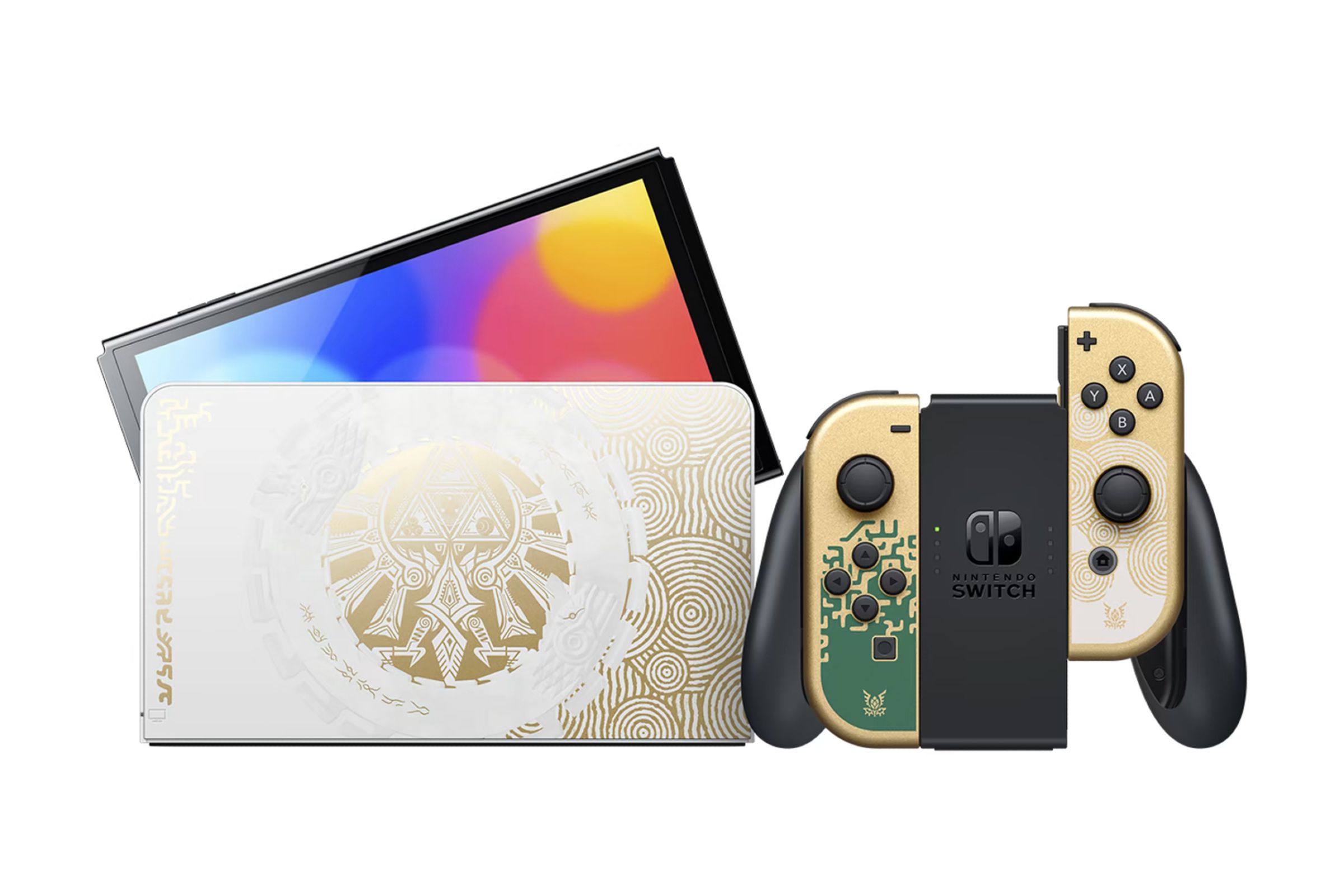 The new Nintendo Switch OLED Zelda: Tears of the Kingdom Edition alongside Joy-Con controllers and a docking station.