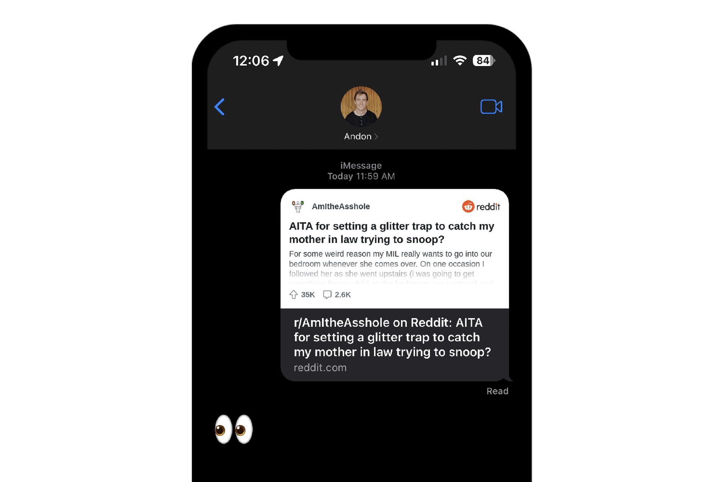 The new preview for Reddit shares in iMessage.