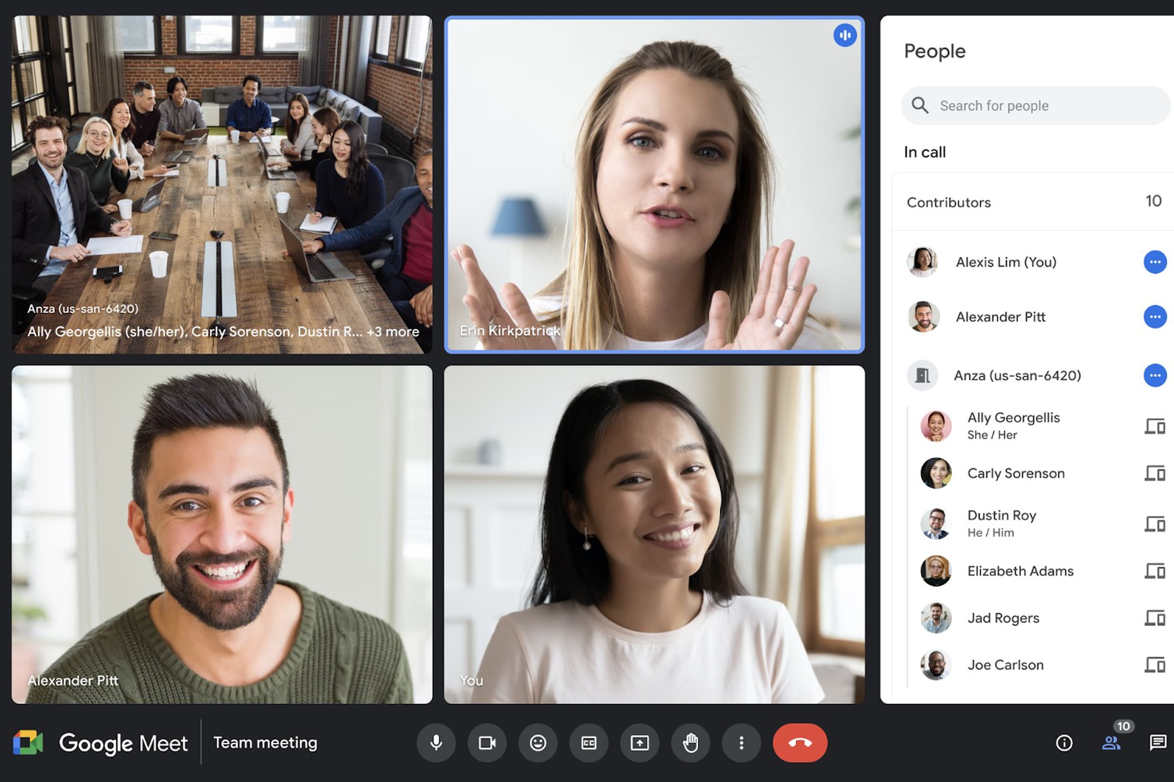 google meet call window with three individuals at home and a conference room camera that has six people connected as individuals